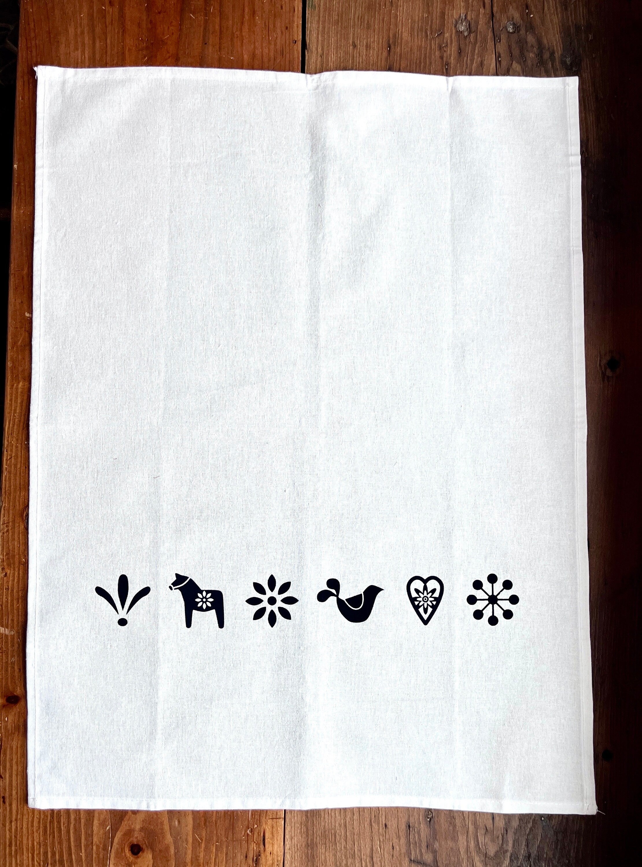 Geschirrtuch / Tischläufer mit skandinavischen Motiven, Dala-Pferdchen, Halbleinen, Siebdruck, handbedruckt, Geschenk Pferdeliebhaber