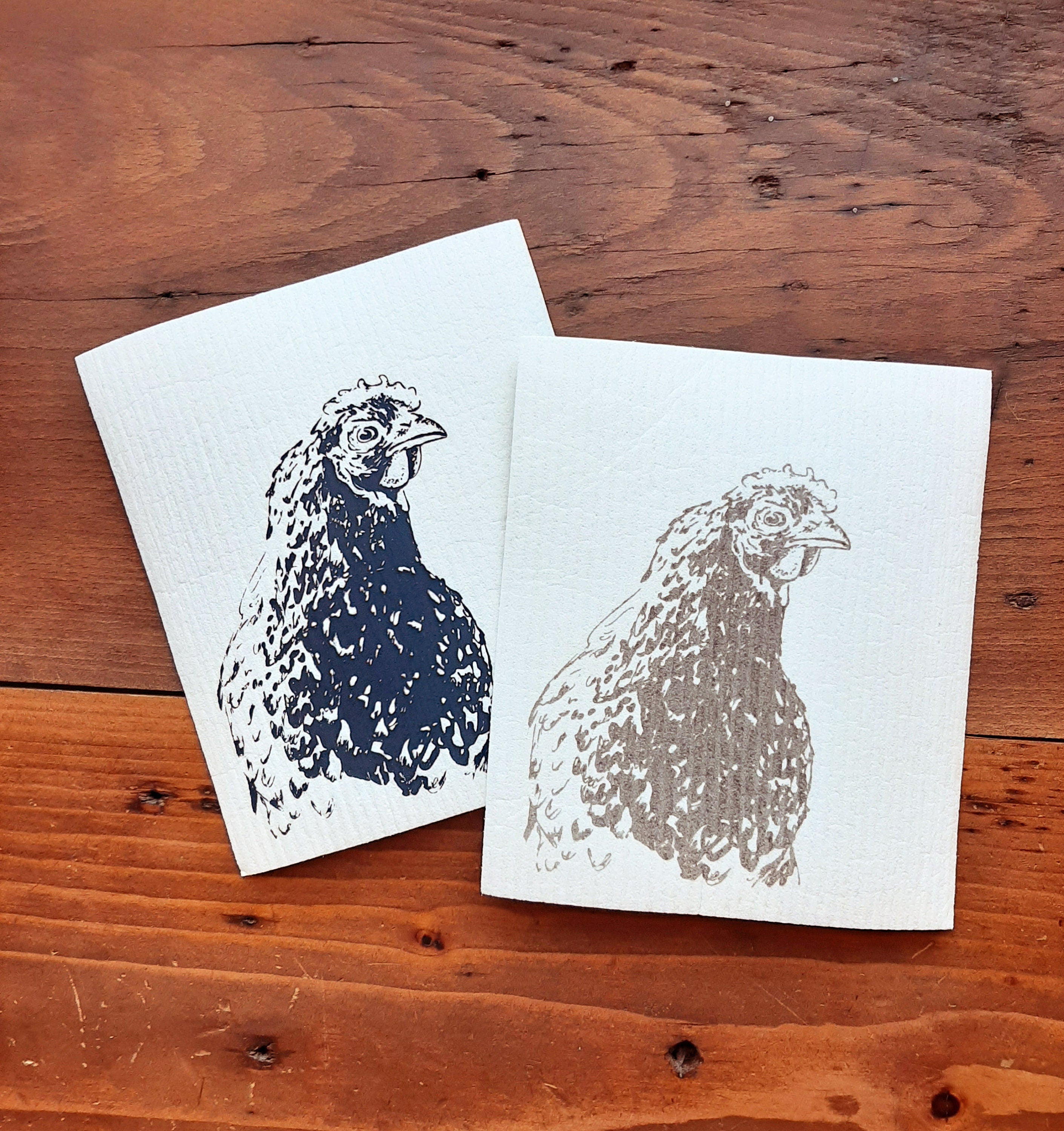 Nachhaltige waschbare Schwammtücher im 2er Set, handbedruckt mit Huhn, Siebdruck, Geschenk Hühnerhalter, perfekt für Ostern & Frühling