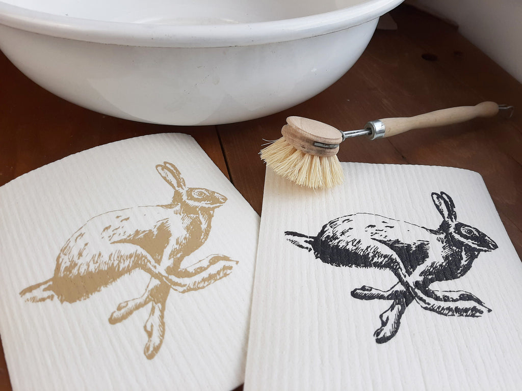 2er Set nachhaltige Schwammtücher "Hase", handbedruckt, Spülschwamm vegan, Spültuch waschbar, Siebdruck, Geschenk Ostern