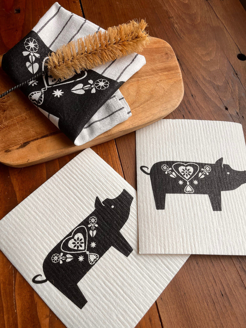 2er Set waschbare Schwammtücher "Schweinchen", schwarz / weiß, Siebdruck, Spültuch vegan, Spülschwamm nachhaltig, skandinavische Küchenidee