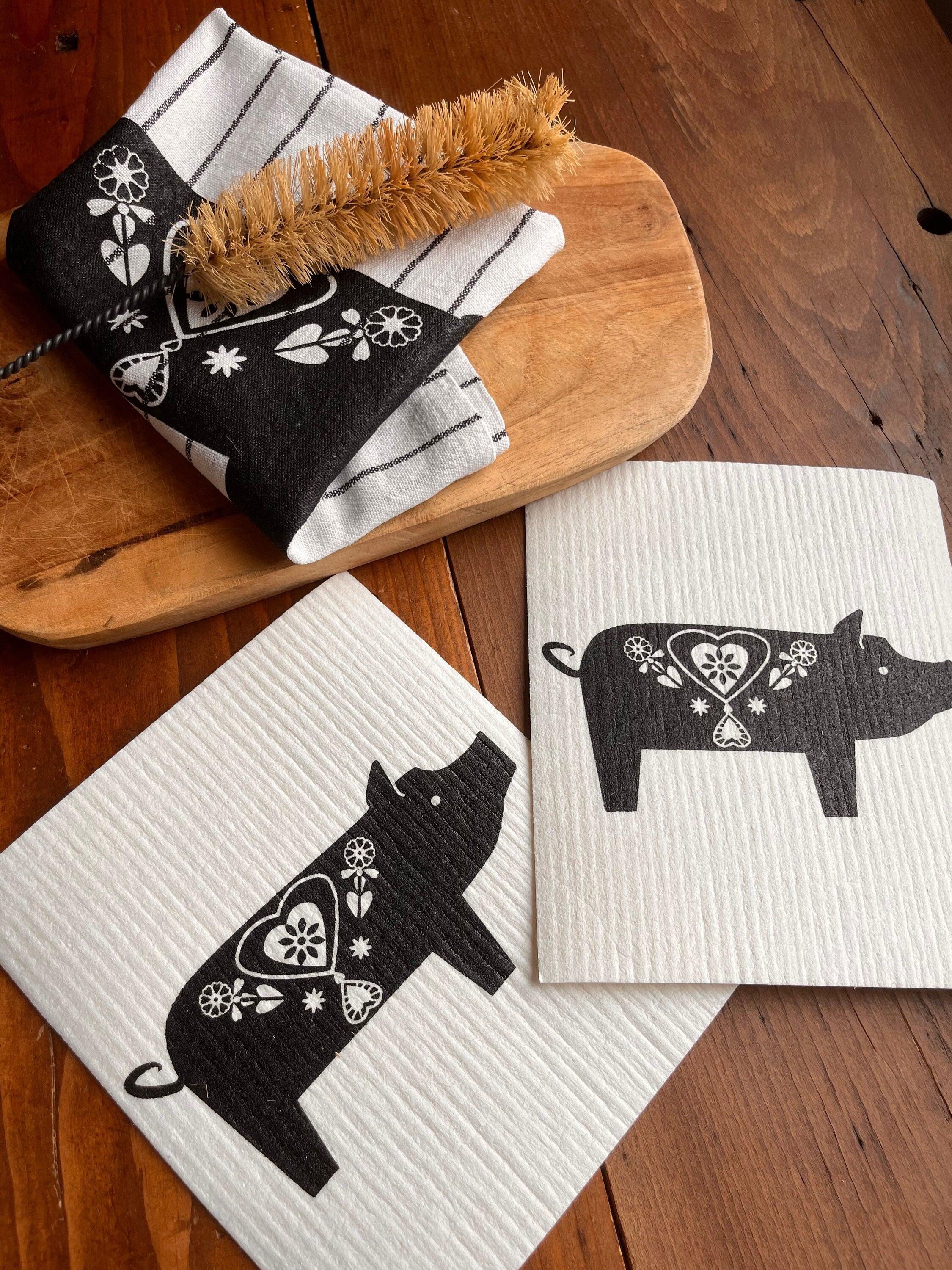 2er Set waschbare Schwammtücher "Schweinchen", schwarz / weiß, Siebdruck, Spültuch vegan, Spülschwamm nachhaltig, skandinavische Küchenidee