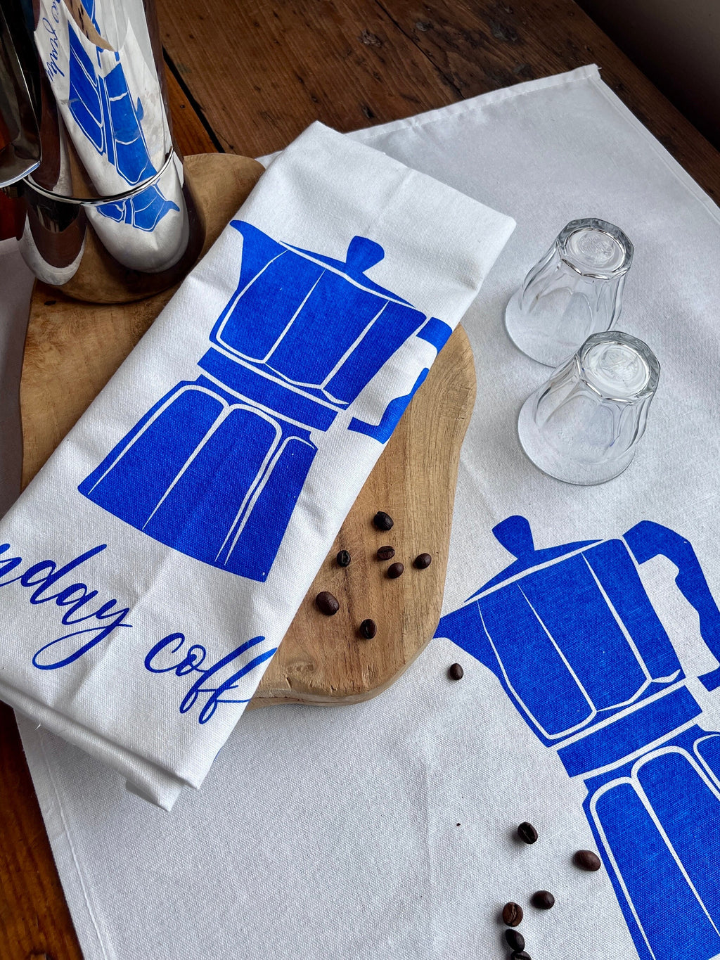 2er Set waschbare Schwammtücher mit Espresso-Kanne, blau, weiß, grau, nachhaltig,  Siebdruck, Geschenk Kaffee- / Barista-Liebaber