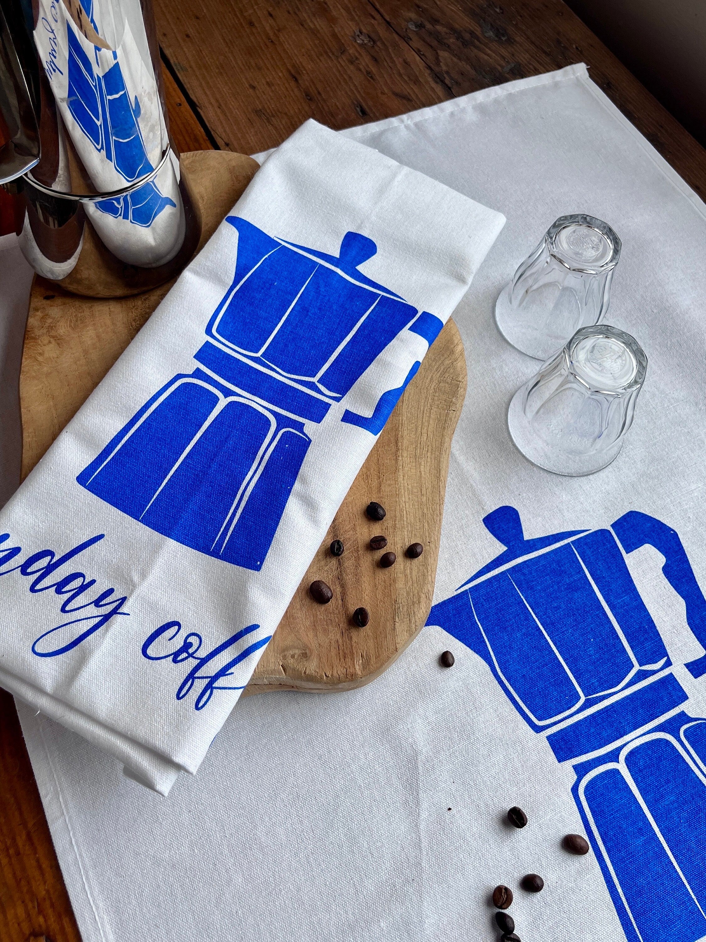 2er Set waschbare Schwammtücher mit Espresso-Kanne, blau, weiß, grau, nachhaltig,  Siebdruck, Geschenk Kaffee- / Barista-Liebaber
