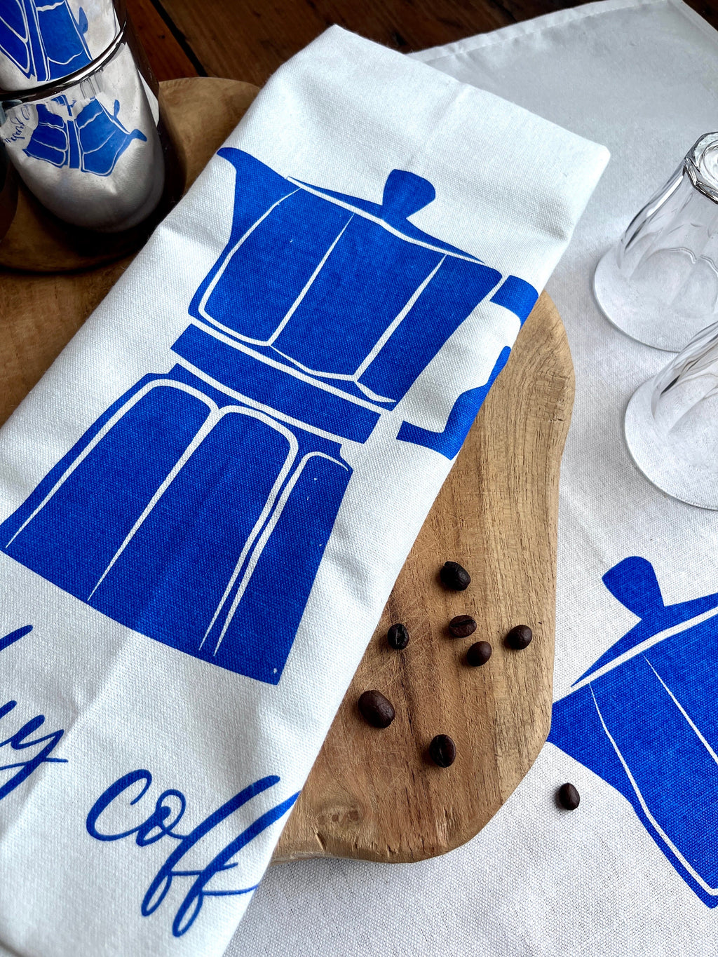 Geschirrtuch weiß bedruckt Espresso-Kanne, Küchentuch mit Siebdruck-Motiv, Geschenk Kaffee-Trinker, Halbleinen, Leinen