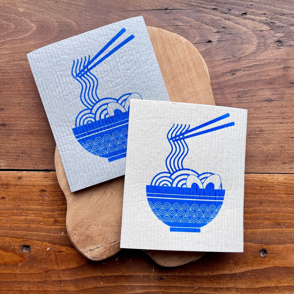 2er Set waschbare Schwammtücher mit Motiv „Ramen“, blau, weiß oder grau,  Siebdruck, Geschenk Küche asiatisch