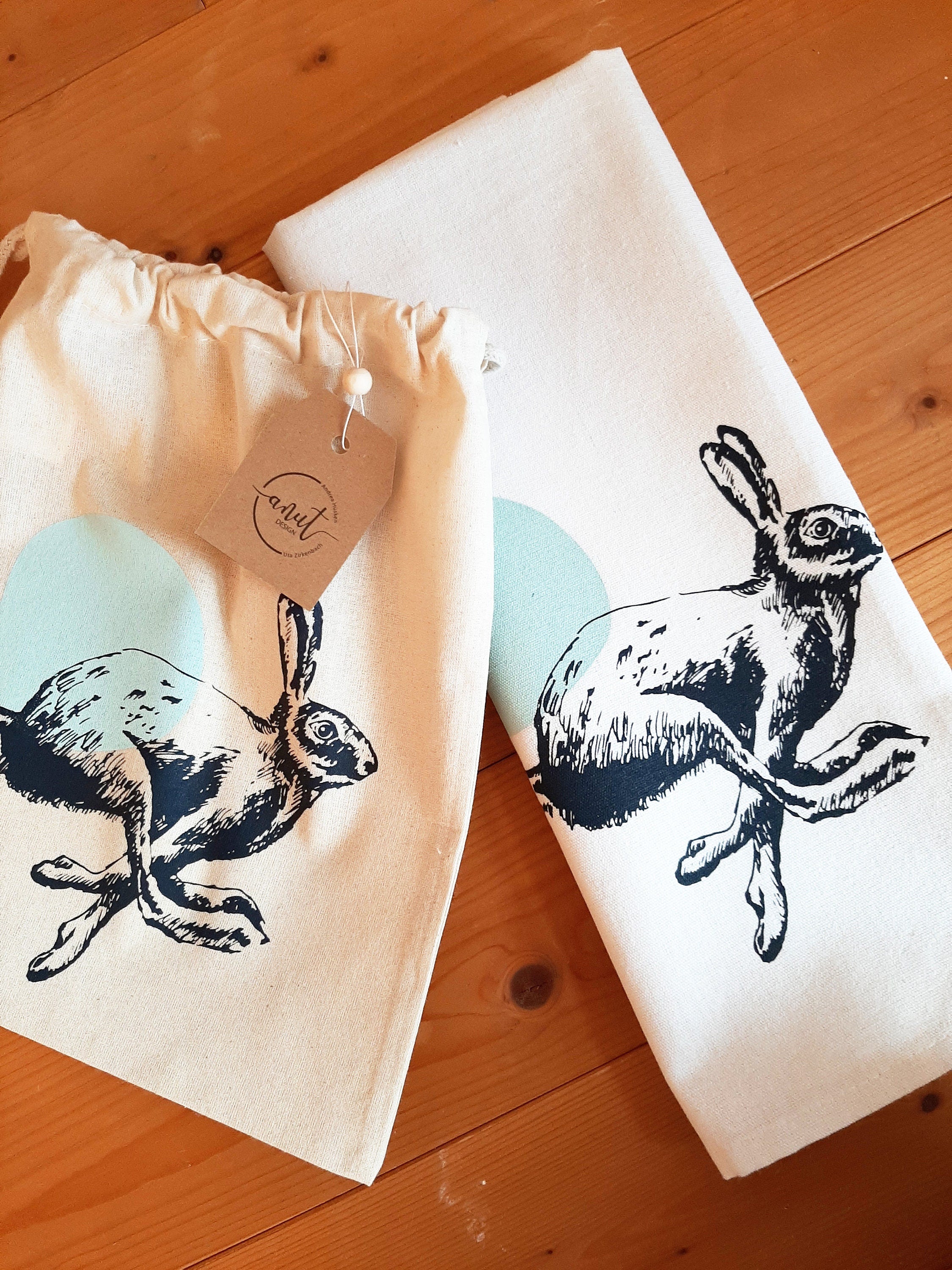 Nachhaltiger Geschenkbeutel "Hase" aus Bio-Baumwolle, Siebdruck Unikat, handbedruckter Beutel, Geschenk-Verpackung Ostern