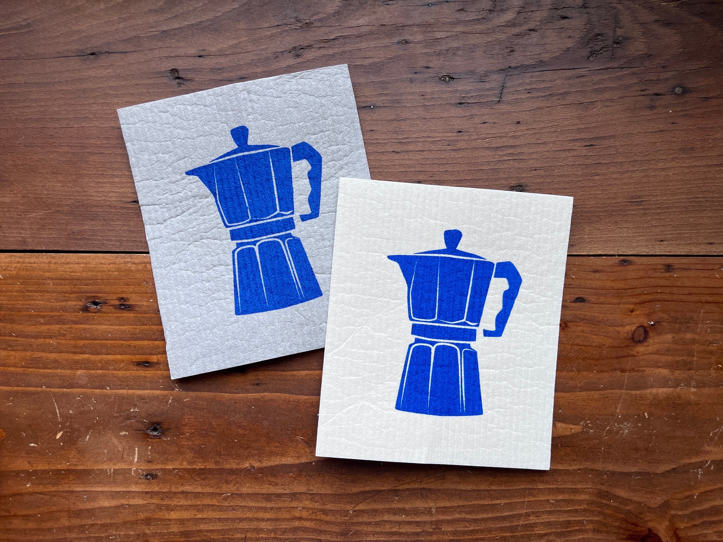 2er Set waschbare Schwammtücher mit Espresso-Kanne, blau, weiß, grau, nachhaltig,  Siebdruck, Geschenk Kaffee- / Barista-Liebaber