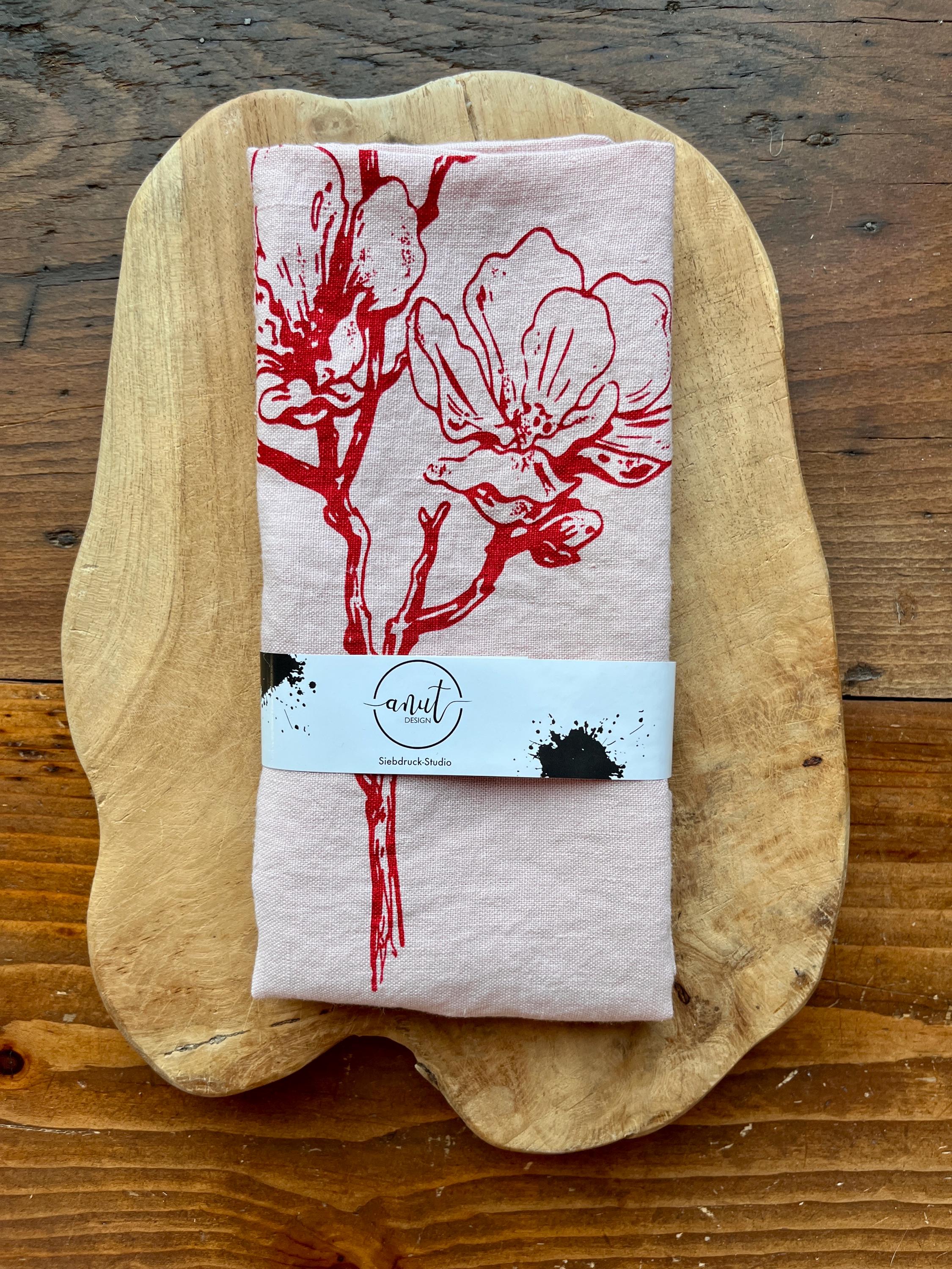 Frühlingshaftes Leinen-Geschirrtuch mit Kirschblüten – handbedruckt | Rosé & Kirschrot, Siebdruck Handarbeit | nachhaltige Küchentextilien