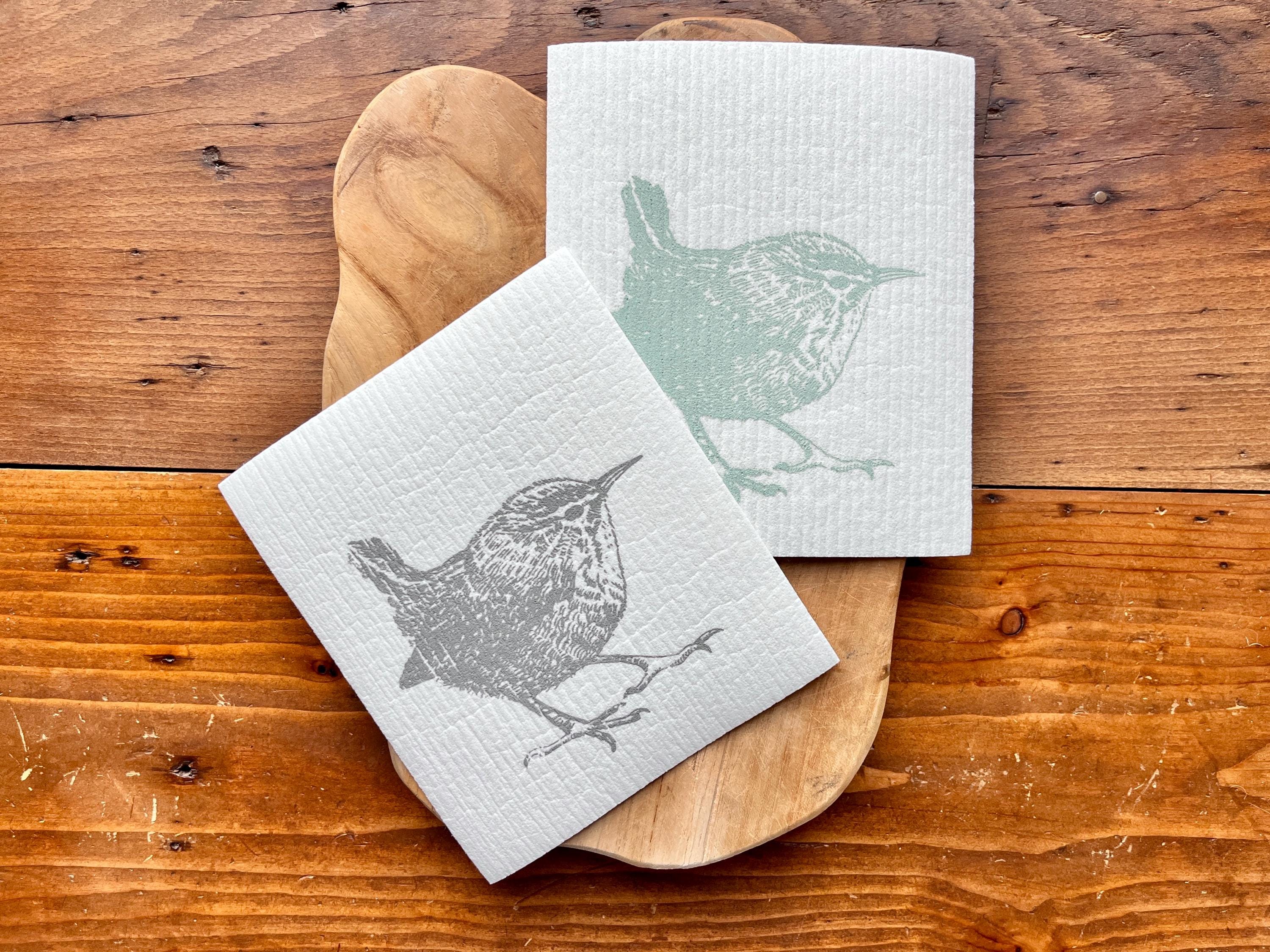 Nachhaltiges Geschenk 2er Set Schwammtücher handbedruckt mit Zaunkönig | Siebdruck Handarbeit  |Zero-Waste Geschenk | Waschbare Küchentücher
