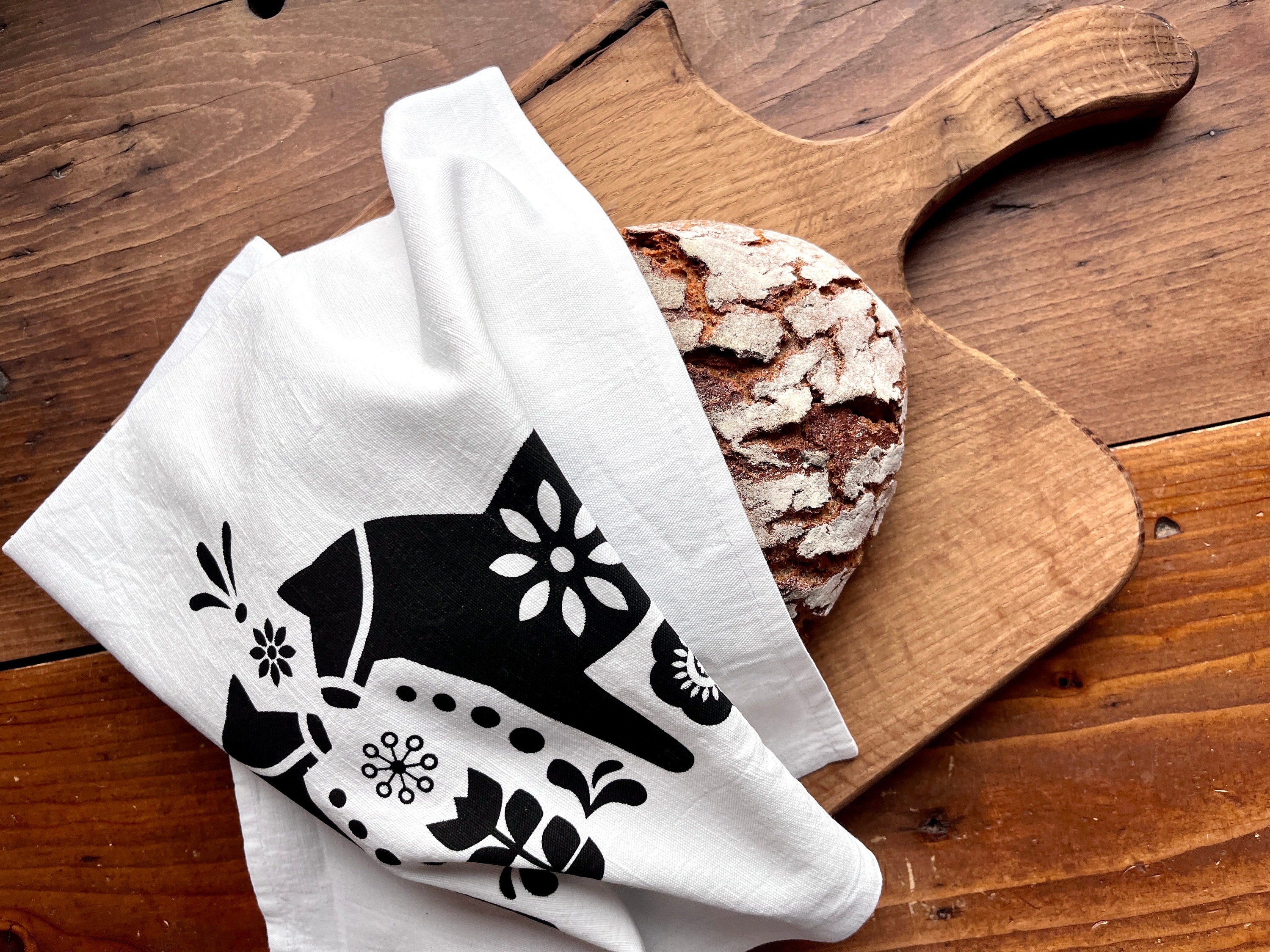 Halbleinen Geschirrtuch mit skandinavischen Motiv "Dalarna-Pferd" handbedruckt, Siebdruck Handarbeit, Geschenk für Skandinavien-Liebhaber