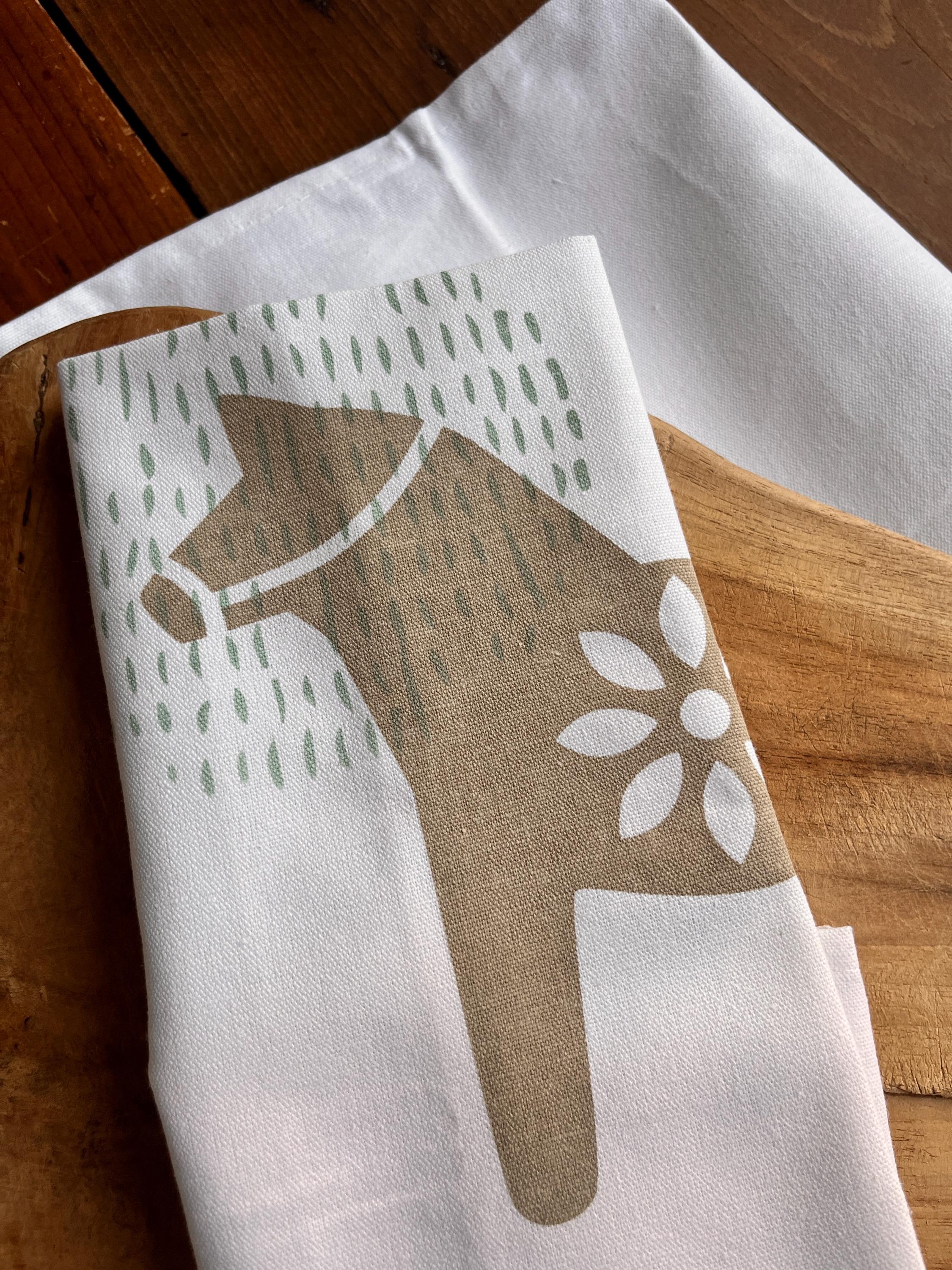 Geschirrtuch mit "Dala-Pferd", Siebdruck Handarbeit, Halbleinen-Küchentuch handbedruckt, skandinavisches Design