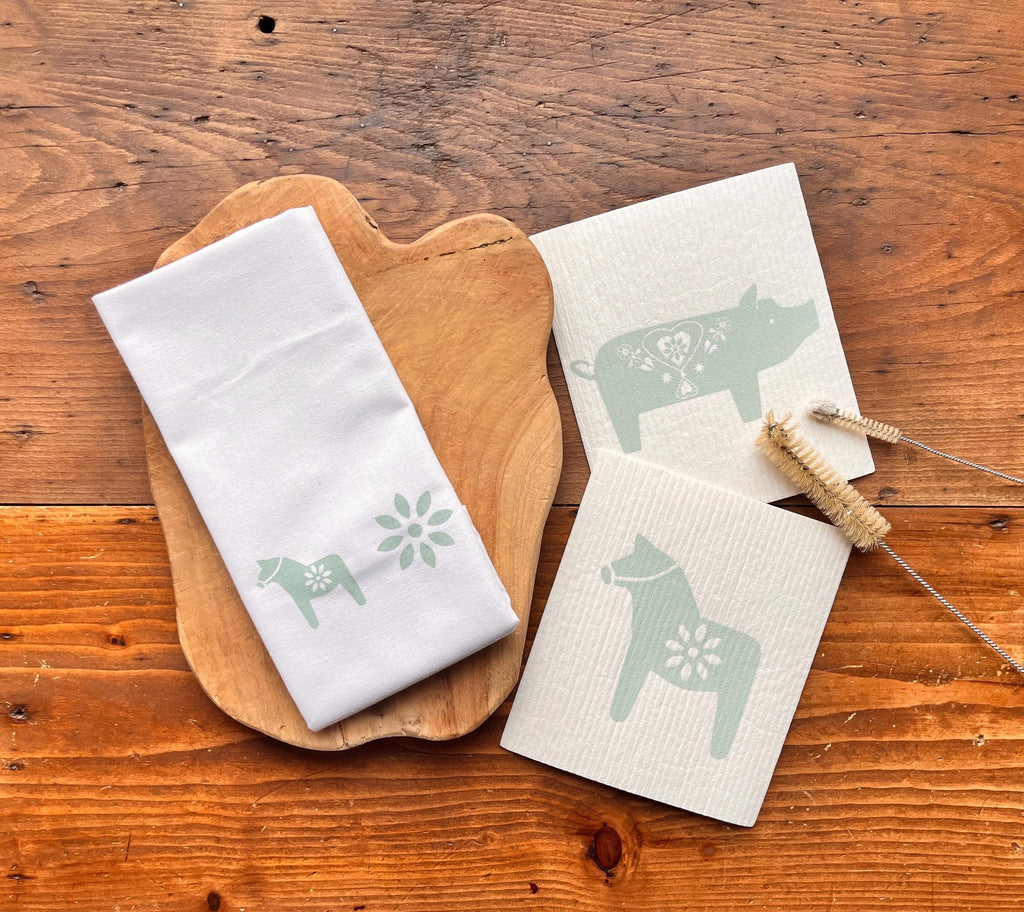 Geschirrtuch / Tischläufer mit skandinavischen Motiven, Dala-Pferdchen, Halbleinen, Siebdruck, handbedruckt, Geschenk Pferdeliebhaber