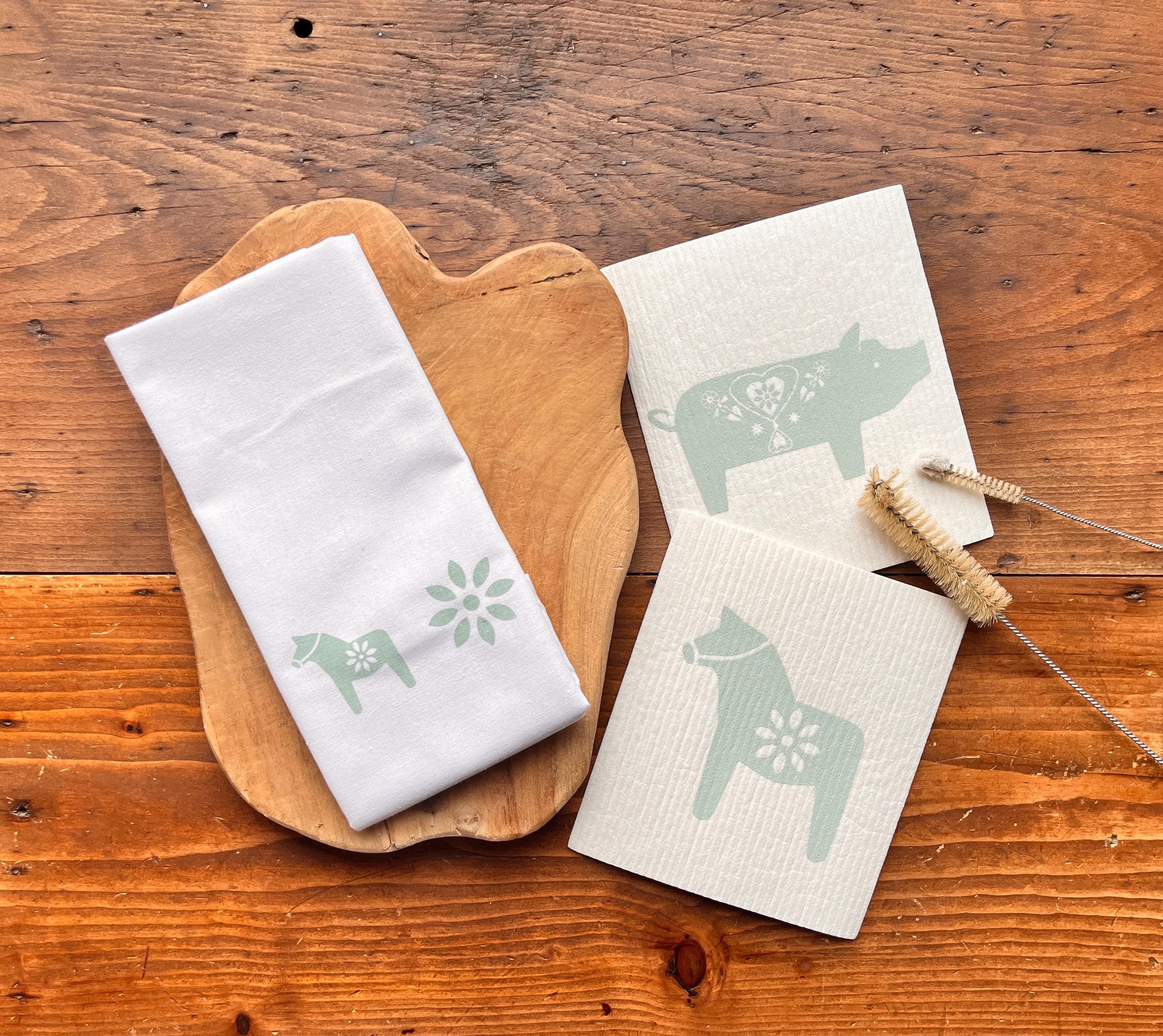 Geschirrtuch / Tischläufer mit skandinavischen Motiven, Dala-Pferdchen, Halbleinen, Siebdruck, handbedruckt, Geschenk Pferdeliebhaber