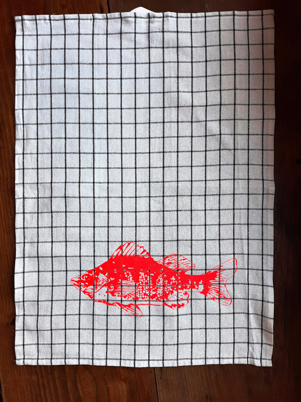 3er Set Geschirrtücher gestreift / kariert handbedruckt mit Neon-Print Motiv Fische & Qualle, Küchentuch Siebdruck maritim