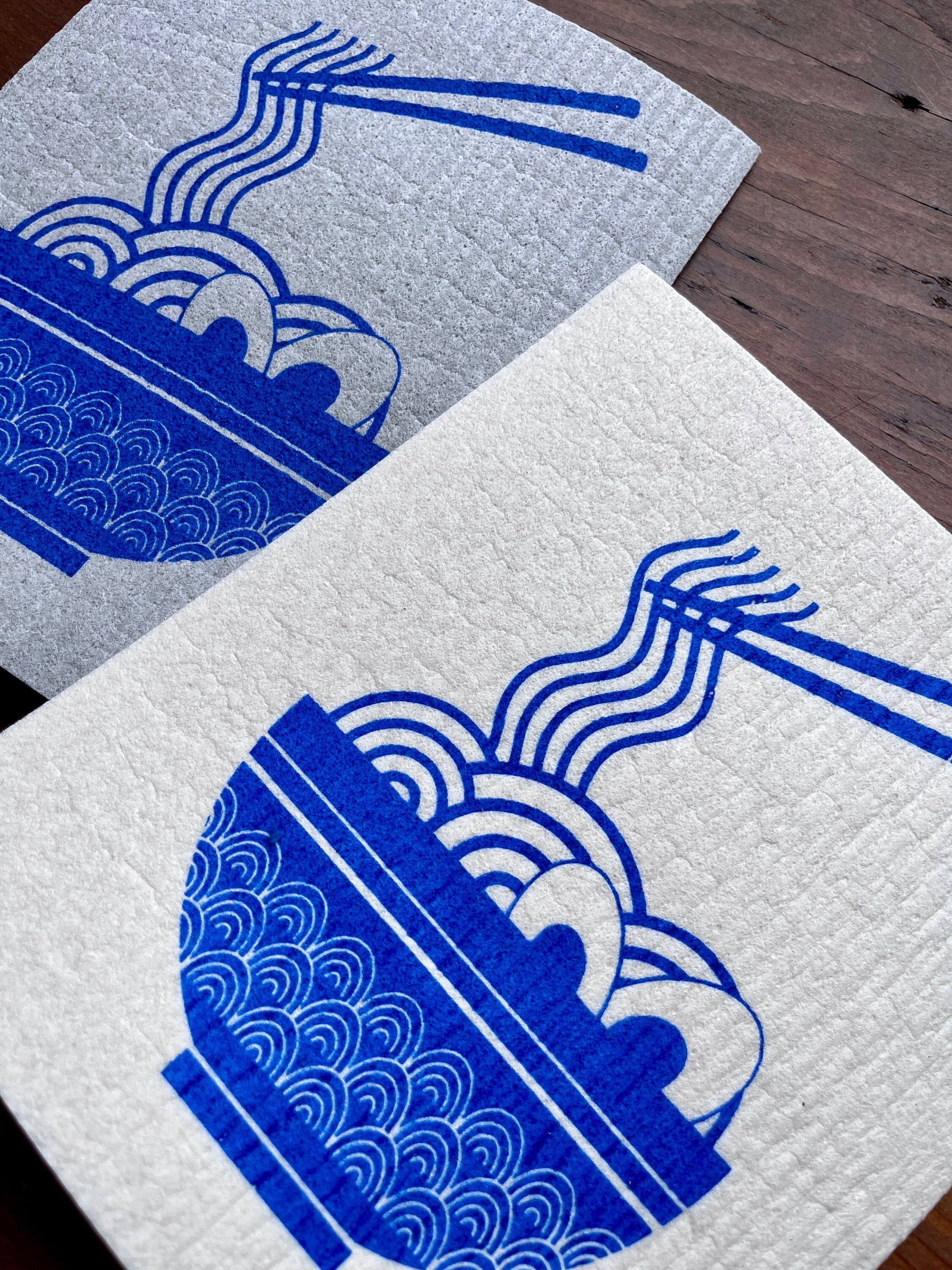 2er Set waschbare Schwammtücher mit Motiv „Ramen“, blau, weiß oder grau,  Siebdruck, Geschenk Küche asiatisch