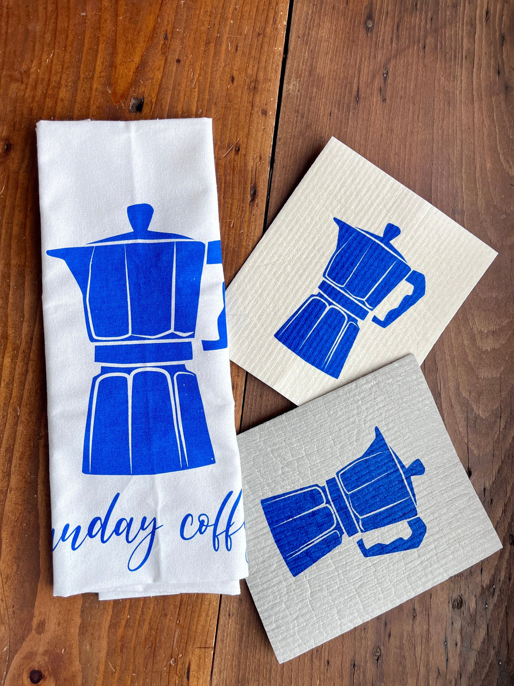 2er Set waschbare Schwammtücher mit Espresso-Kanne, blau, weiß, grau, nachhaltig,  Siebdruck, Geschenk Kaffee- / Barista-Liebaber