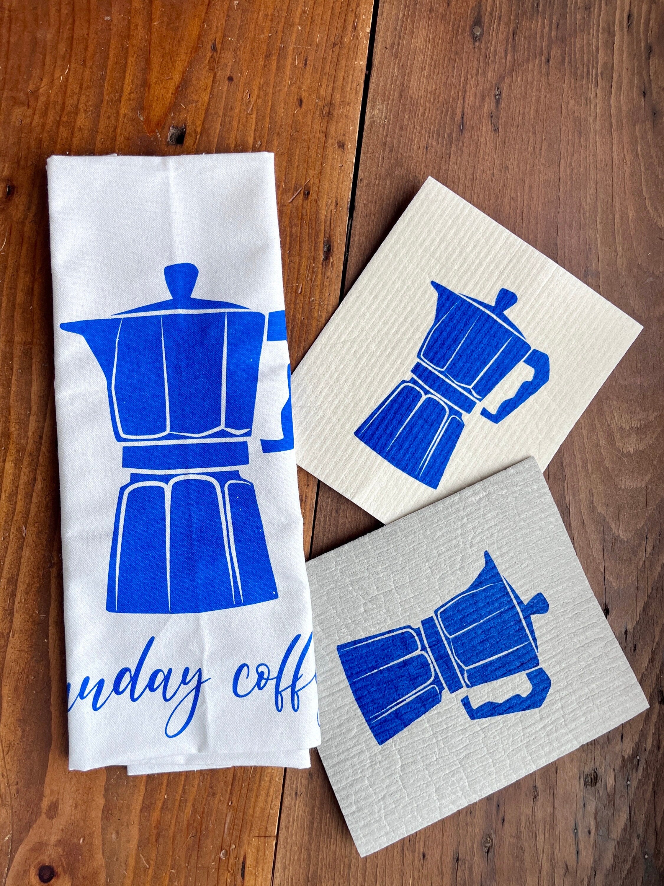 2er Set waschbare Schwammtücher mit Espresso-Kanne, blau, weiß, grau, nachhaltig,  Siebdruck, Geschenk Kaffee- / Barista-Liebaber