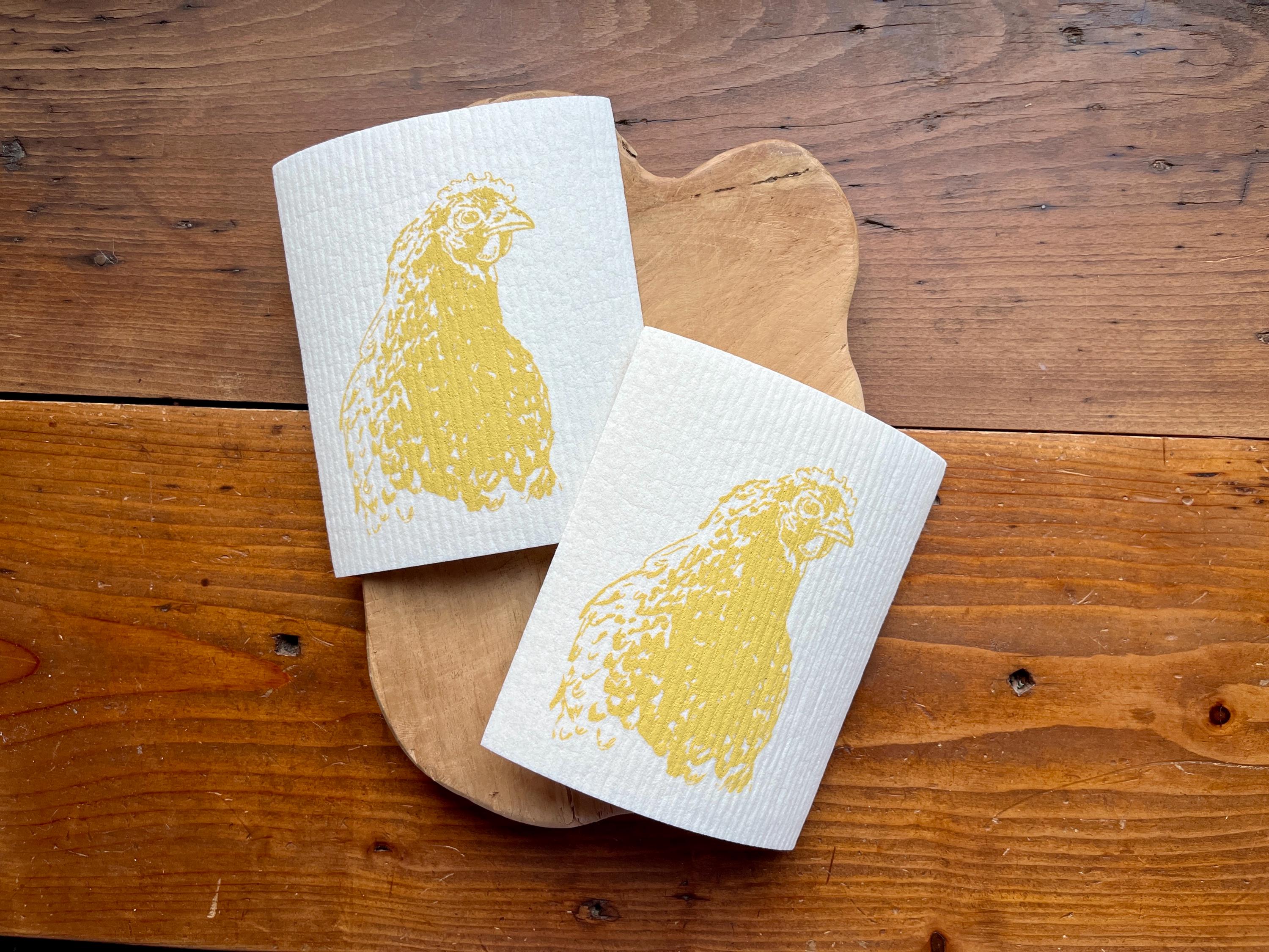 Nachhaltige waschbare Schwammtücher im 2er Set, handbedruckt mit Huhn, Siebdruck, Geschenk Hühnerhalter, perfekt für Ostern & Frühling