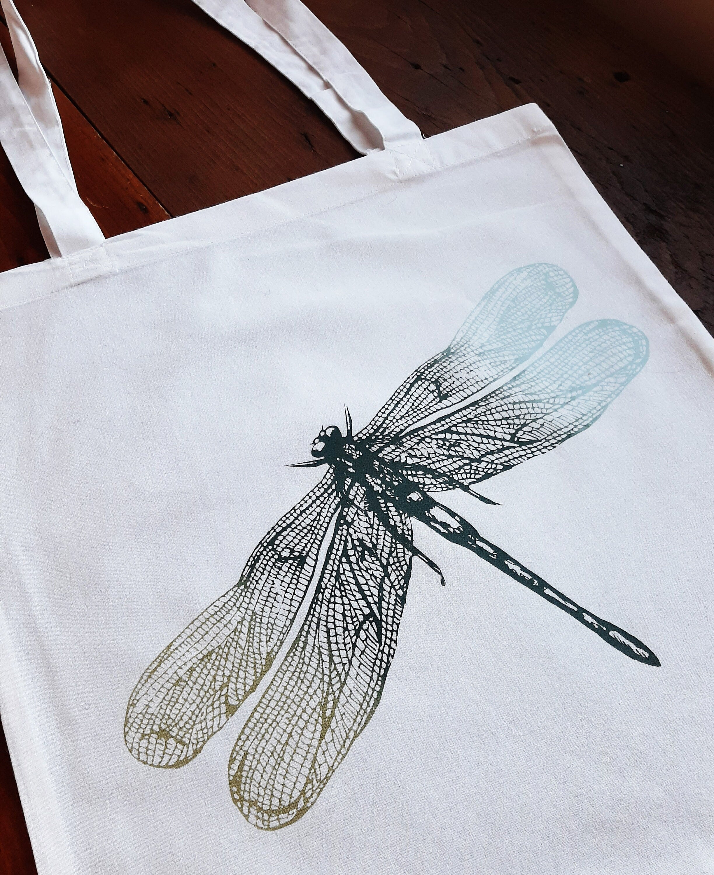 Baumwoll-Tragetasche mit Libelle | Handbedruckter Jutebeutel | Nachhaltige Einkaufstasche | Geschenk für Naturliebhaber | Siebdruck Unikat