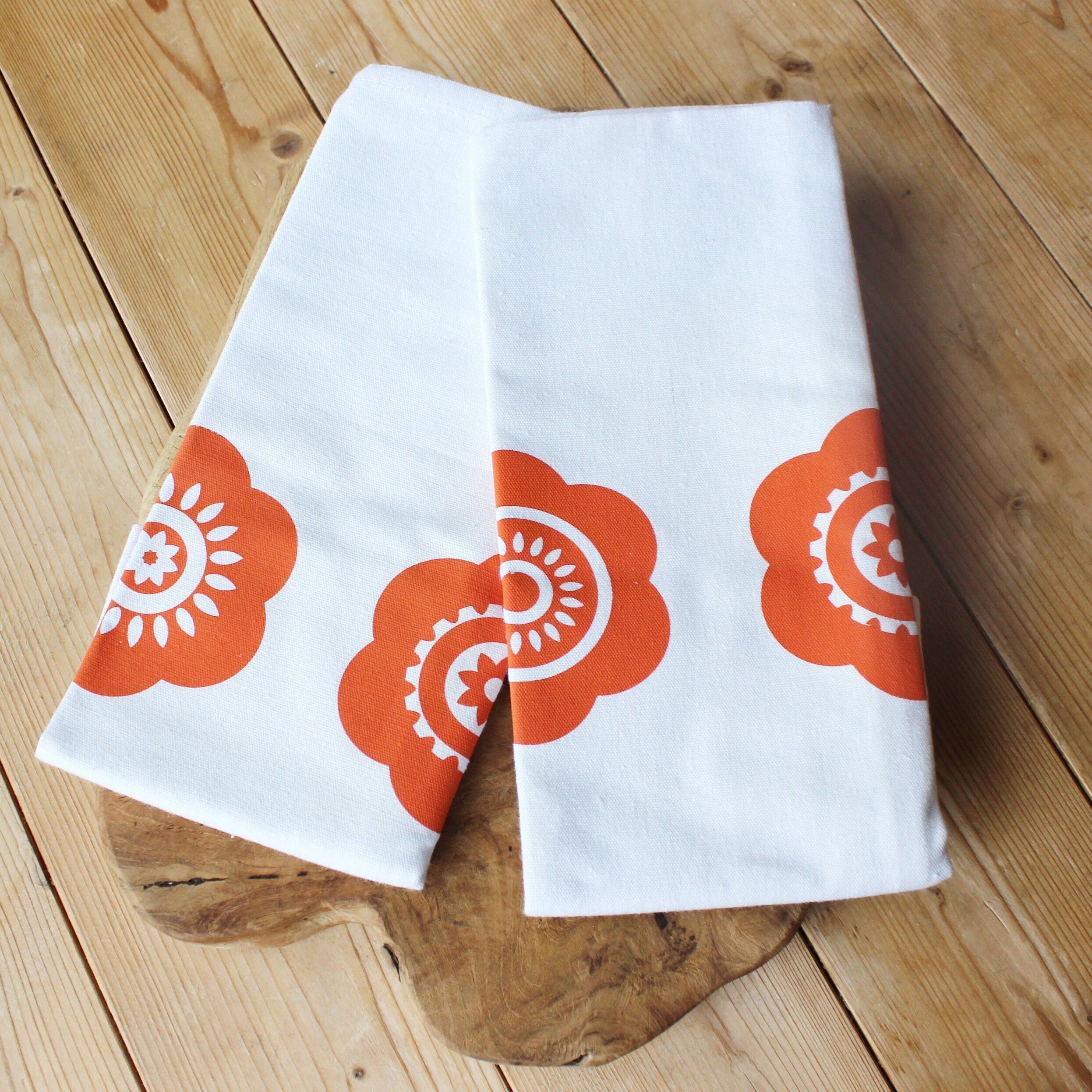 Bedrucktes Geschirrtuch mit Pril-Blumen, orange / weiß, Halbleinen, Siebdruck, Vintage, Tischläufer, Küchentuch Retro, Vintage, 70iger Jahre