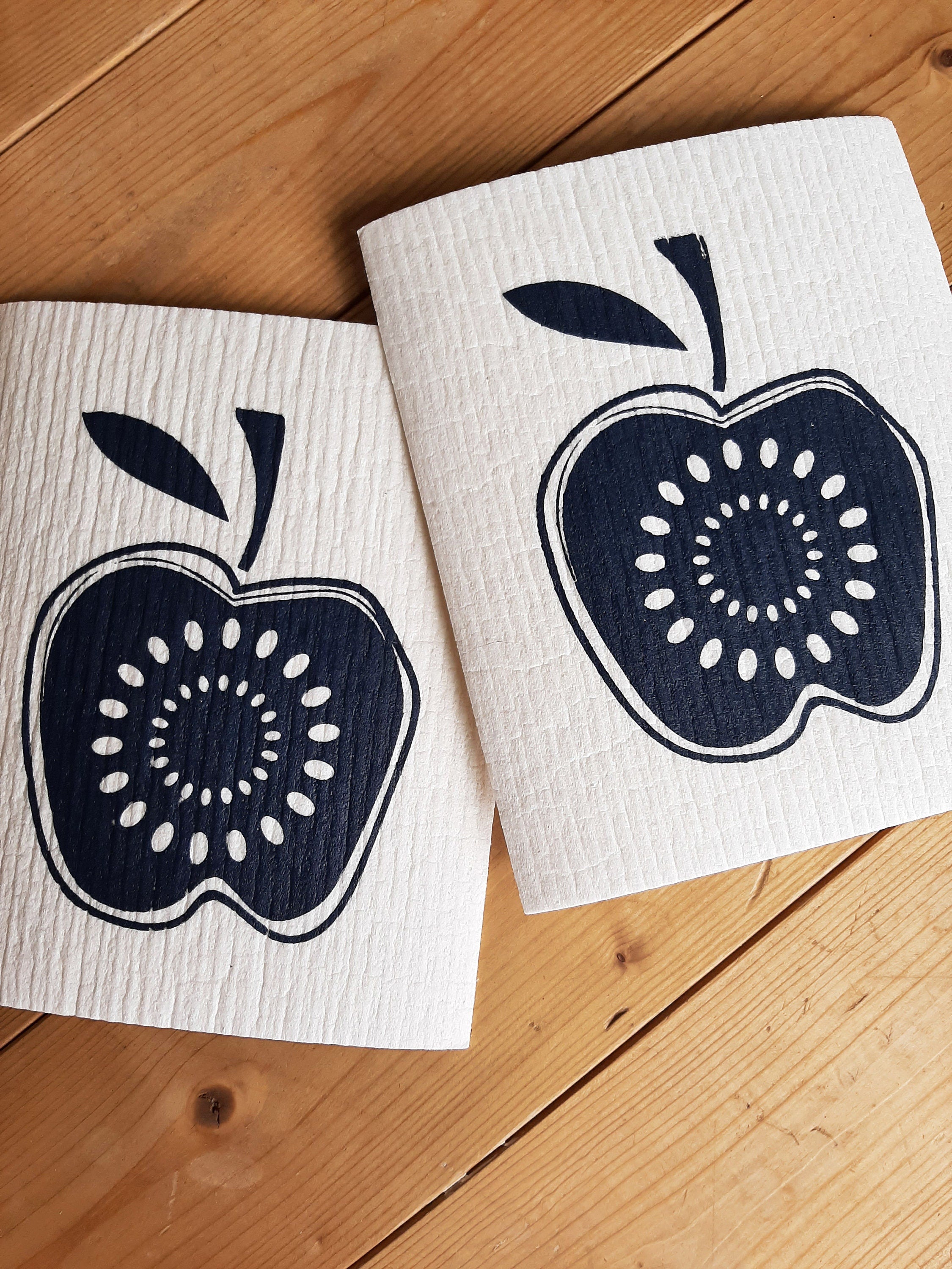 2er Set nachhaltige Schwammtücher mit Motiv Apfel, Siebdruck, veganes, waschbares Spültuch, Geschenk für Vintage-Fan, 70iger Jahre Deko