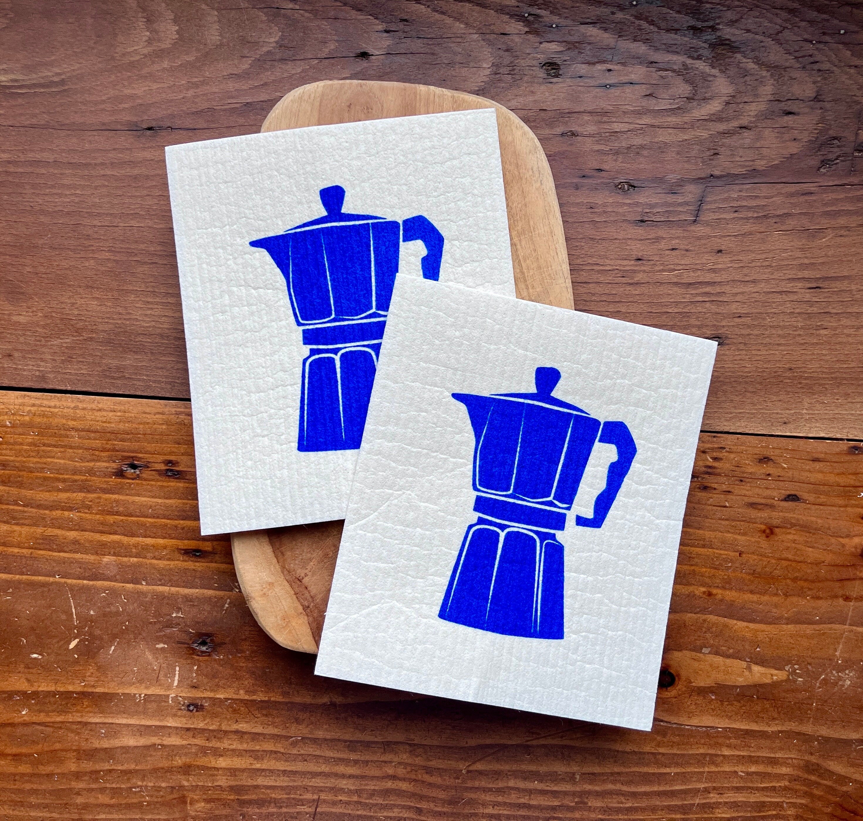 2er Set waschbare Schwammtücher mit Espresso-Kanne, blau, weiß, grau, nachhaltig,  Siebdruck, Geschenk Kaffee- / Barista-Liebaber