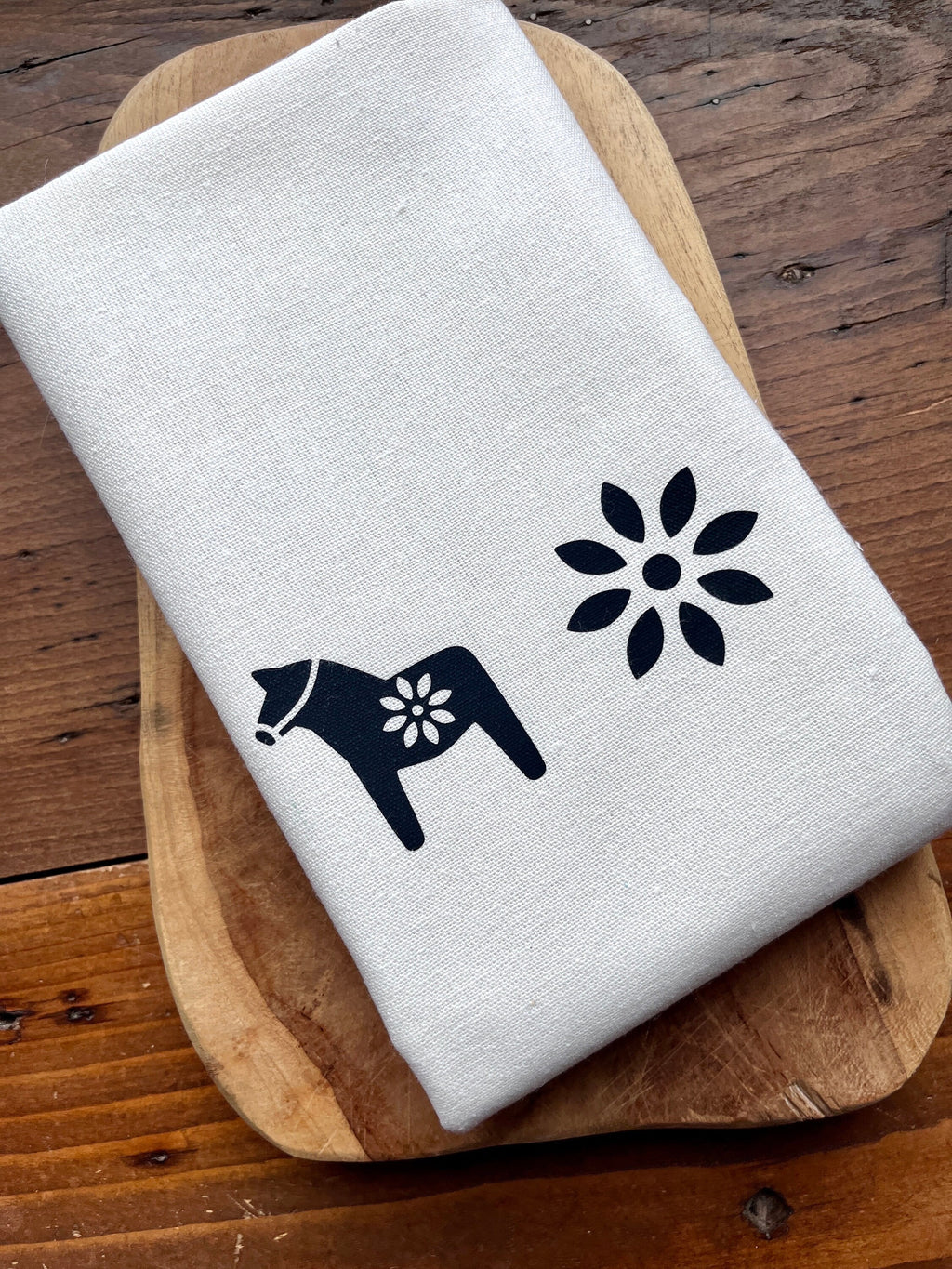 Geschirrtuch / Tischläufer mit skandinavischen Motiven, Dala-Pferdchen, Halbleinen, Siebdruck, handbedruckt, Geschenk Pferdeliebhaber