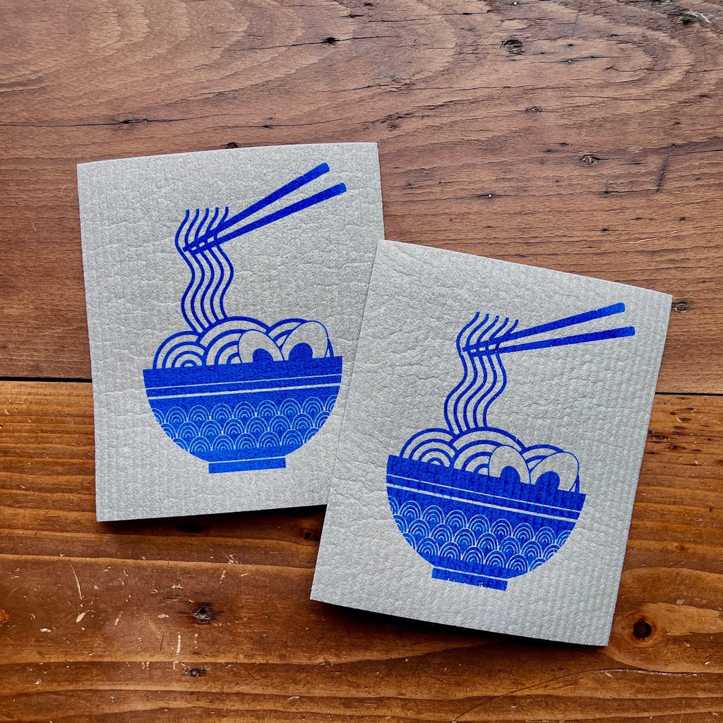2er Set waschbare Schwammtücher mit Motiv „Ramen“, blau, weiß oder grau,  Siebdruck, Geschenk Küche asiatisch