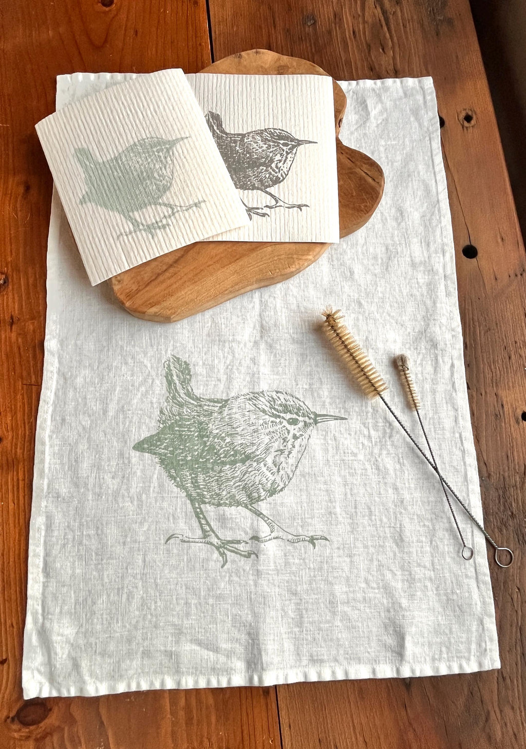 Nachhaltiges Geschenk 2er Set Schwammtücher handbedruckt mit Zaunkönig | Siebdruck Handarbeit  |Zero-Waste Geschenk | Waschbare Küchentücher