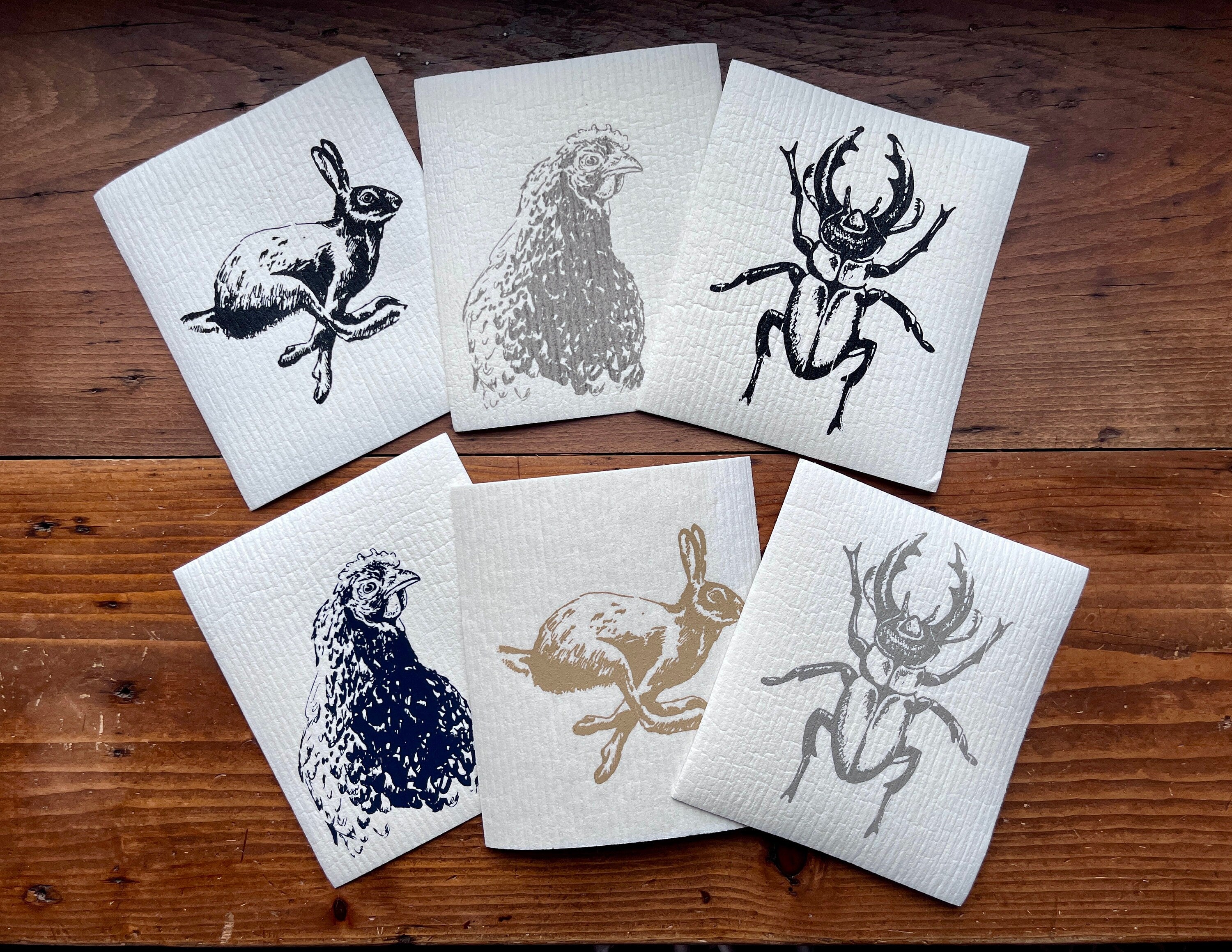 2er Set Schwammtücher "Huhn / Henne", blau / grau / weiß, waschbar, Siebdruck, Landhaus, Spültuch vegan, Spülschwamm nachhaltig, Osterdeko
