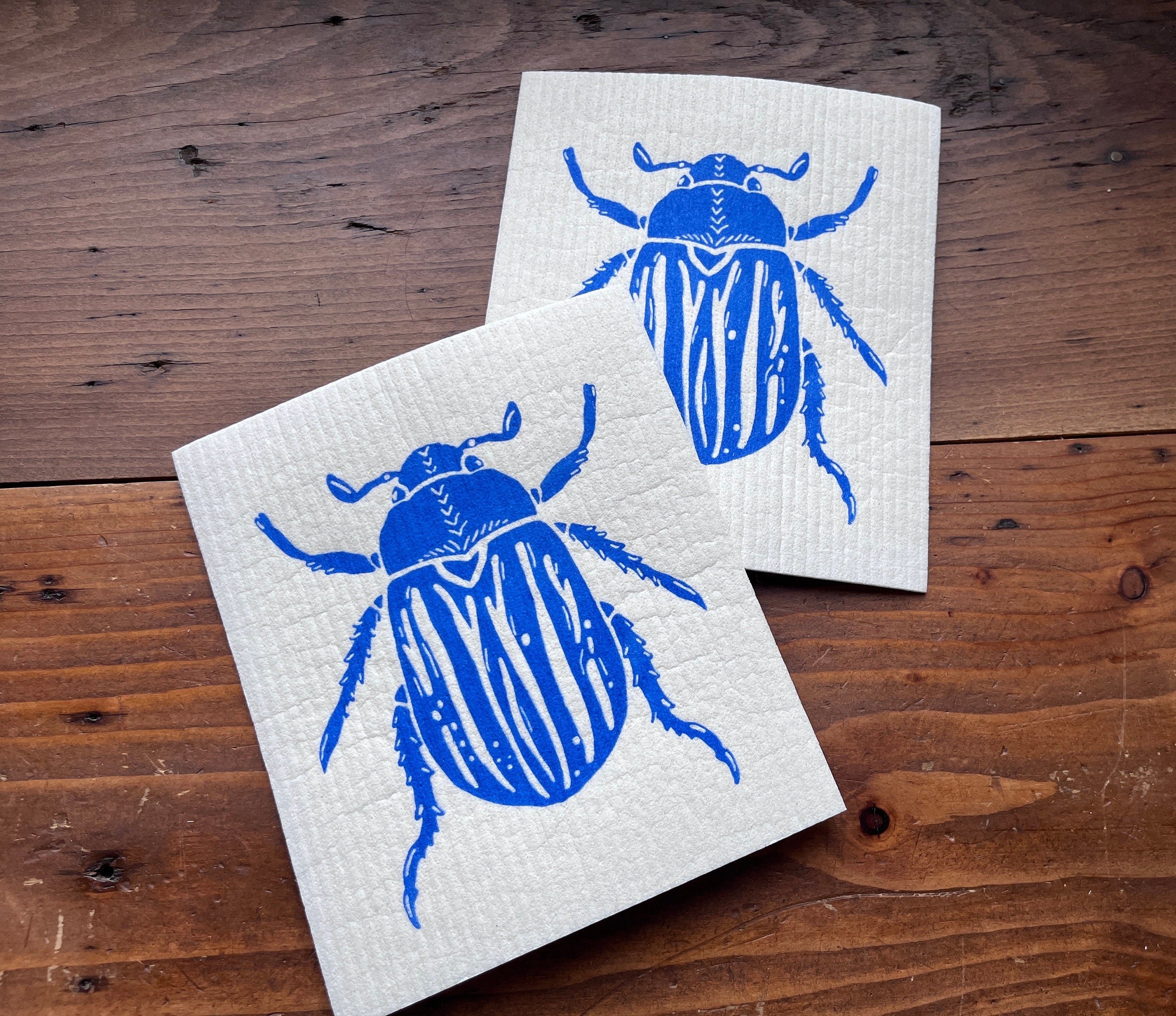 2er Set waschbare Schwammtücher mit Maikäfer, blau, weiß, grau, nachhaltig,  Siebdruck, Geschenk Küche