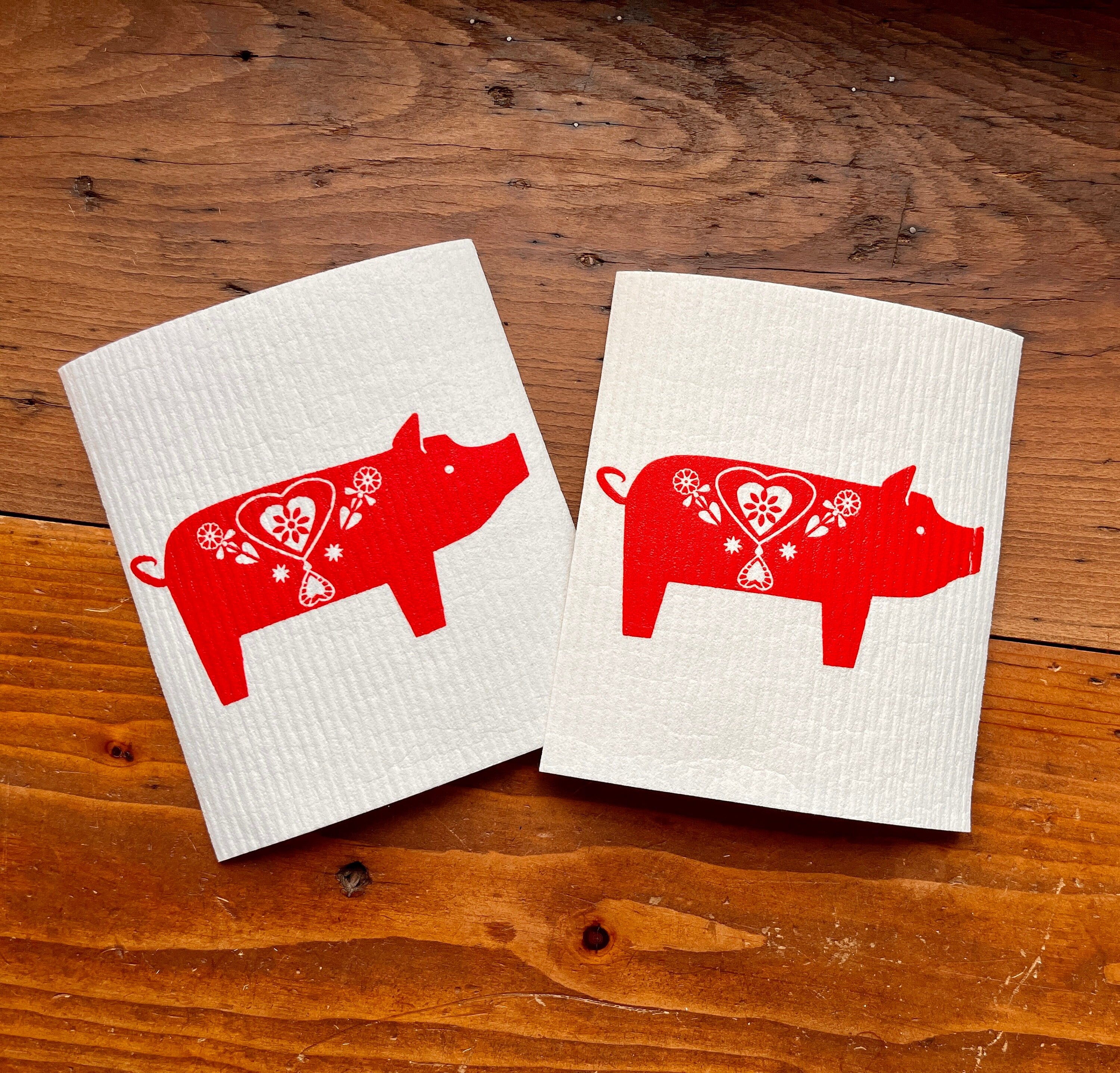 2er Set waschbare Schwammtücher "Schweinchen", schwarz / weiß, Siebdruck, Spültuch vegan, Spülschwamm nachhaltig, skandinavische Küchenidee