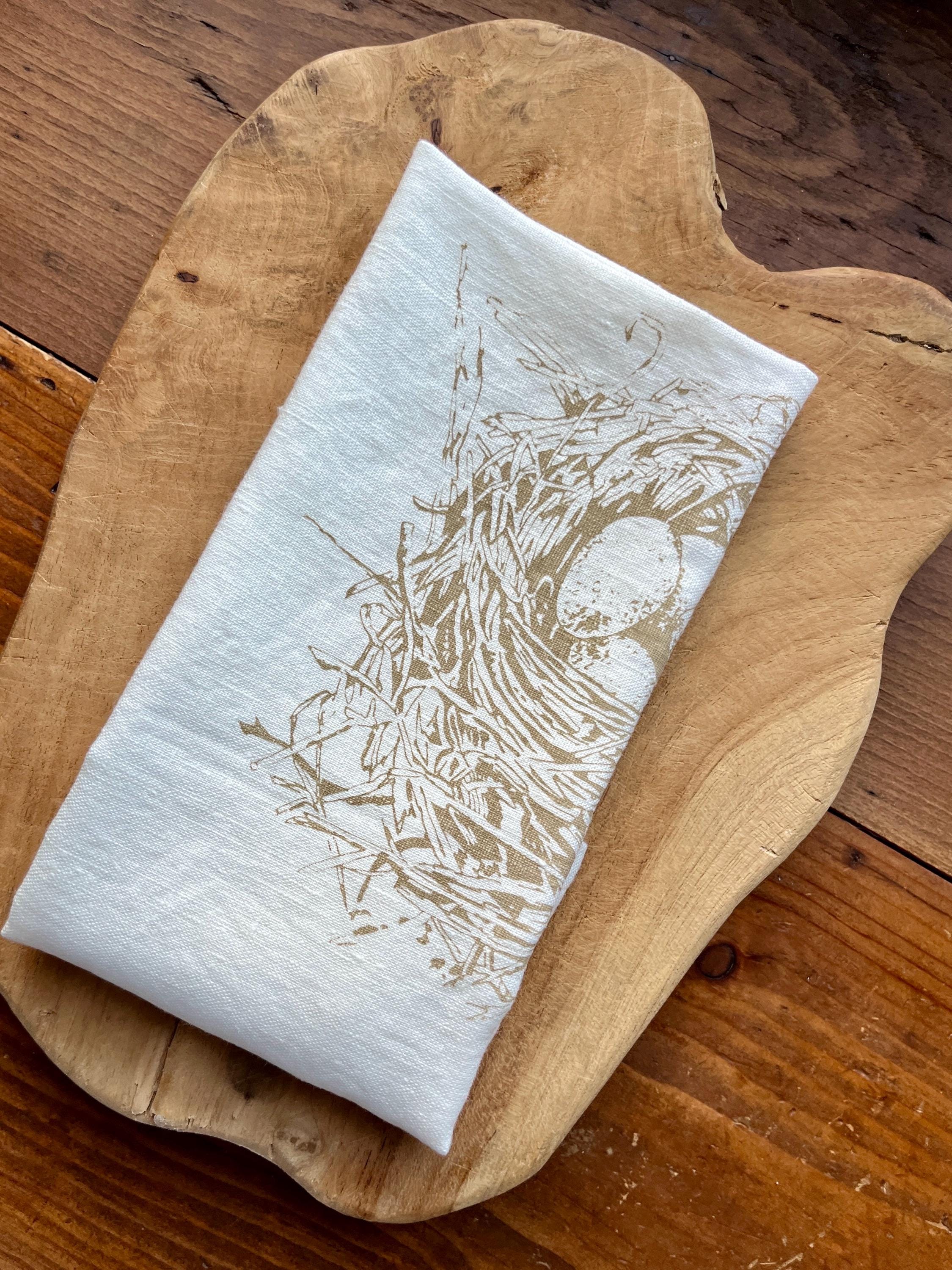 Leinen-Geschirrtuch naturweiß mit Motiv Vogelnest von Hand bedruckt, Siebdruck Handarbeit, Wohndekoration für Frühling, Geschenk Ostern