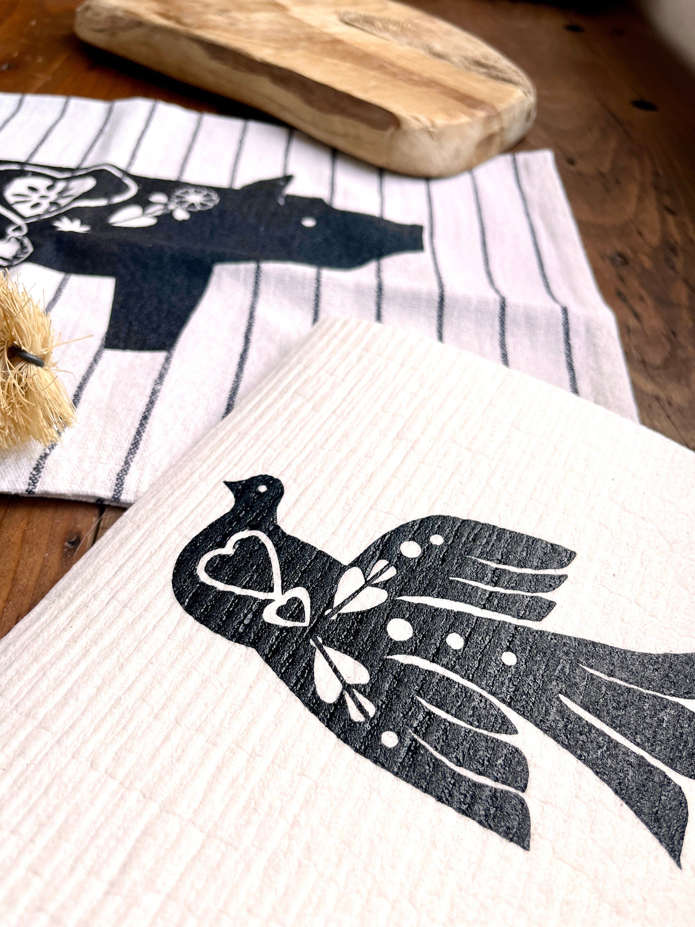 2er Set waschbare Schwammtücher "Vogel", schwarz /weiß, vegane, nachhaltige Spültücher, Siebdruck, Handdruck, Geschenk Küche
