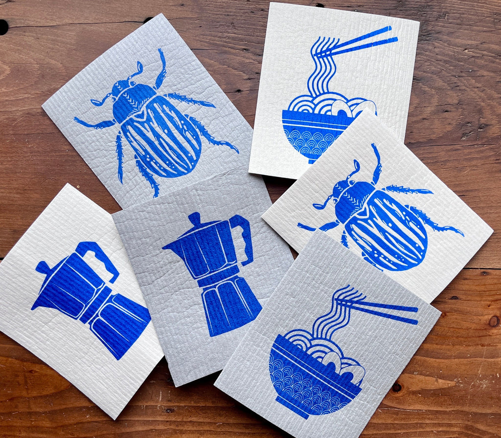 2er Set waschbare Schwammtücher mit Maikäfer, blau, weiß, grau, nachhaltig,  Siebdruck, Geschenk Küche