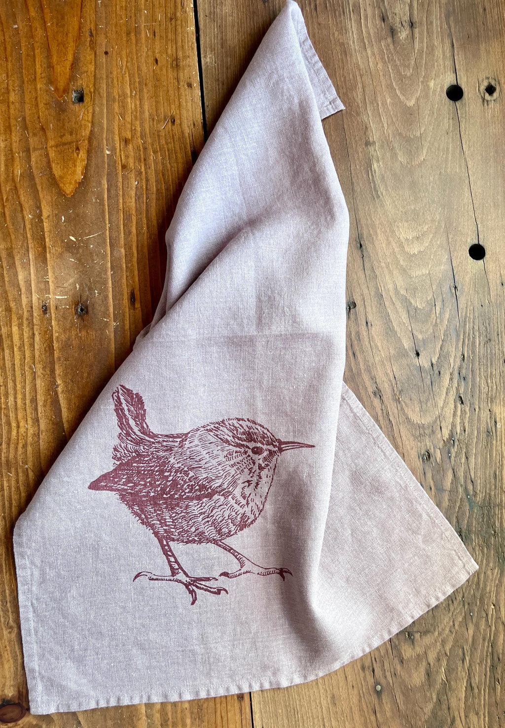 Leinen-Geschirrtuch mit Zaunkönig in taupe / Brombeere, Siebdruck, nachhaltiges, vorgewaschenes Leinen handbedruckt, kleiner Tischläufer