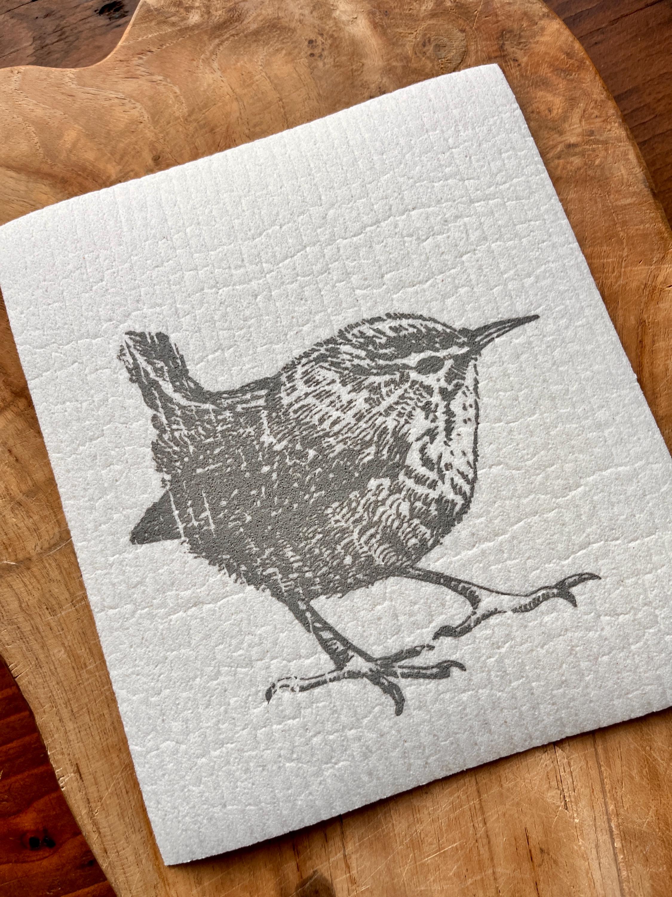 Nachhaltiges Geschenk 2er Set Schwammtücher handbedruckt mit Zaunkönig | Siebdruck Handarbeit  |Zero-Waste Geschenk | Waschbare Küchentücher