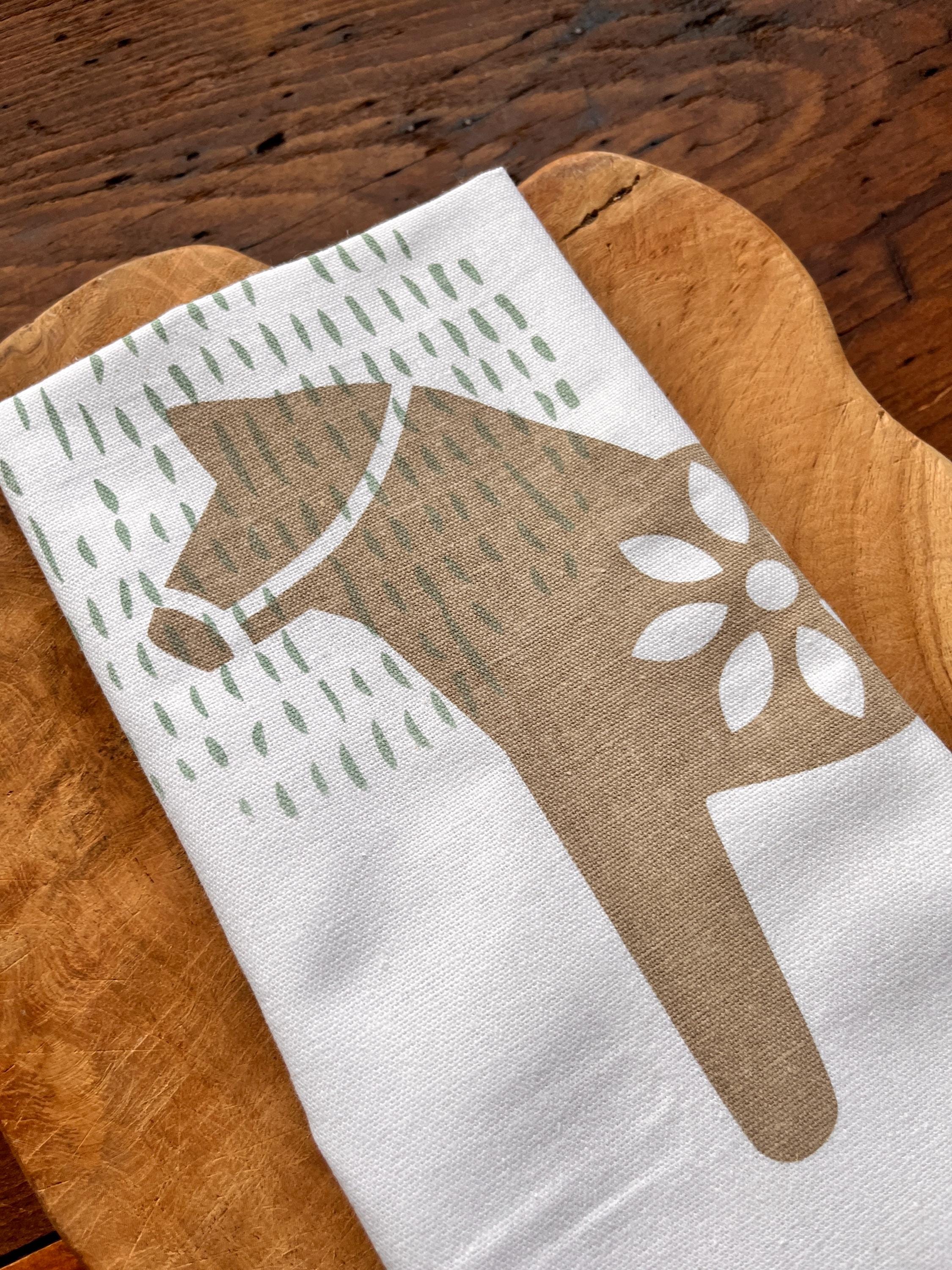 Geschirrtuch mit "Dala-Pferd", Siebdruck Handarbeit, Halbleinen-Küchentuch handbedruckt, skandinavisches Design