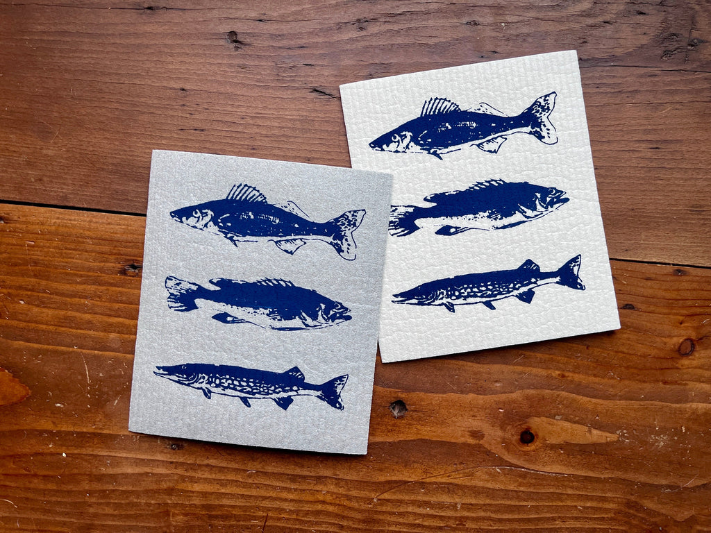 2er Set nachhaltige Schwammtücher mit Fischen, blau / grau, Siebdruck Spültuch vegan, Spülschwamm waschbar, maritime Geschenkidee