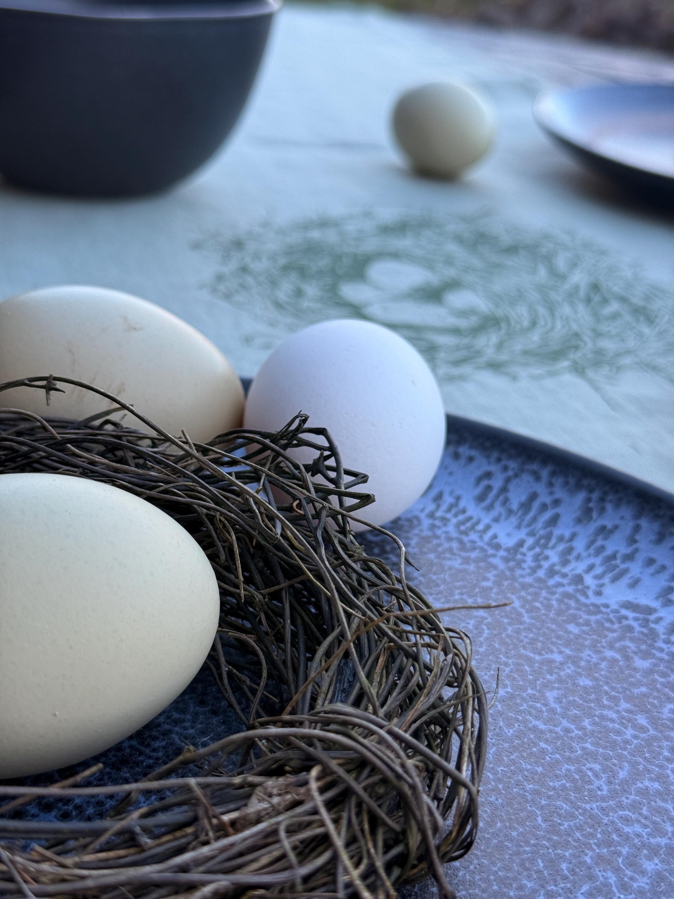 Leinen-Tischläufer mit Vogelnest handbedruckt, Siebdruck, nachhaltige Osterdeko für skandinavische Wohnstil-Liebhaber & Minimalisten