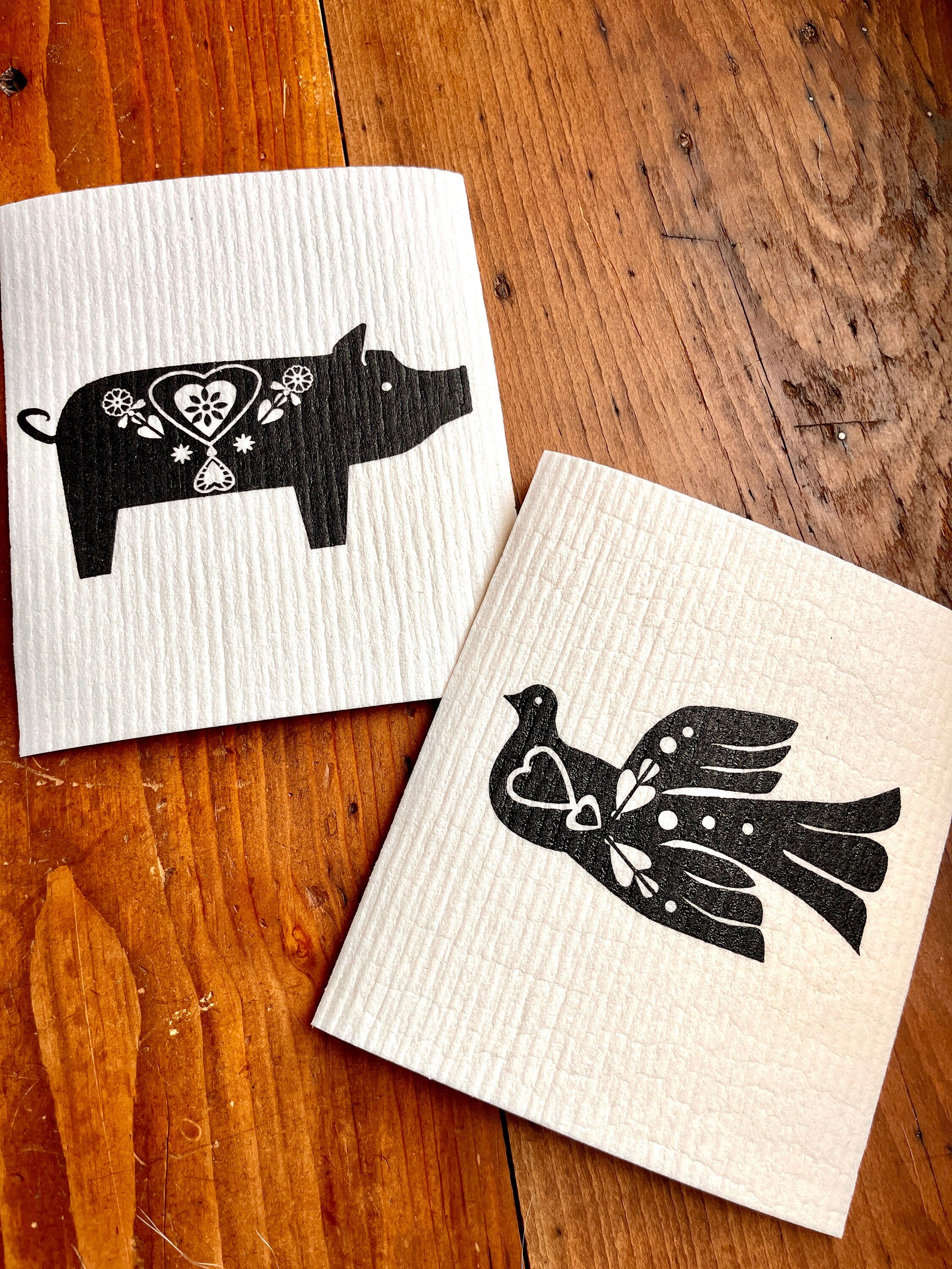 2er Set waschbare Schwammtücher "Vogel", schwarz /weiß, vegane, nachhaltige Spültücher, Siebdruck, Handdruck, Geschenk Küche