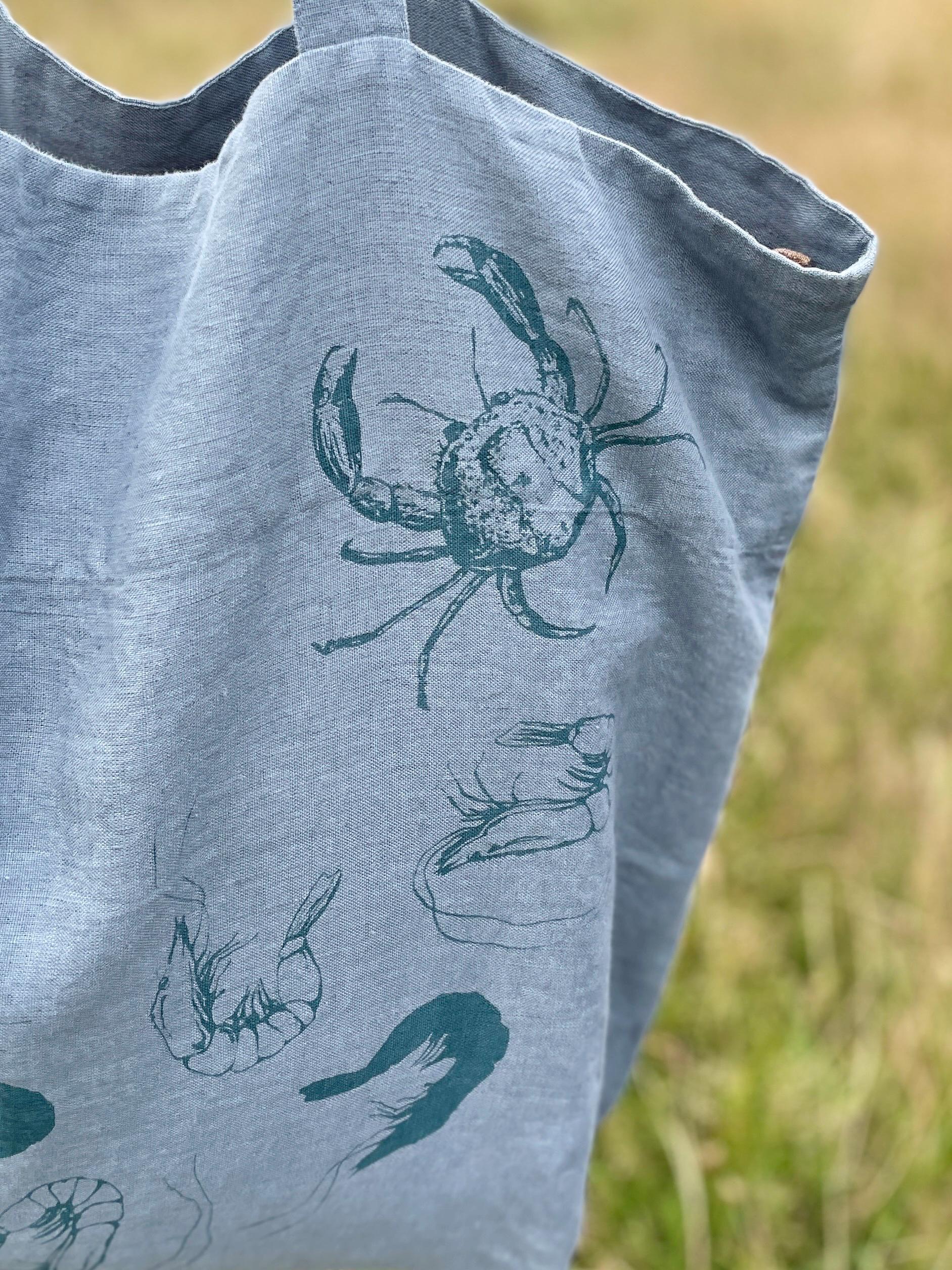 Große Leinentasche blaugrau mit Krabben & Krebsen | handbedruckt mit Siebdruck | Maritime Stofftasche für Einkauf, Stadt und Strand
