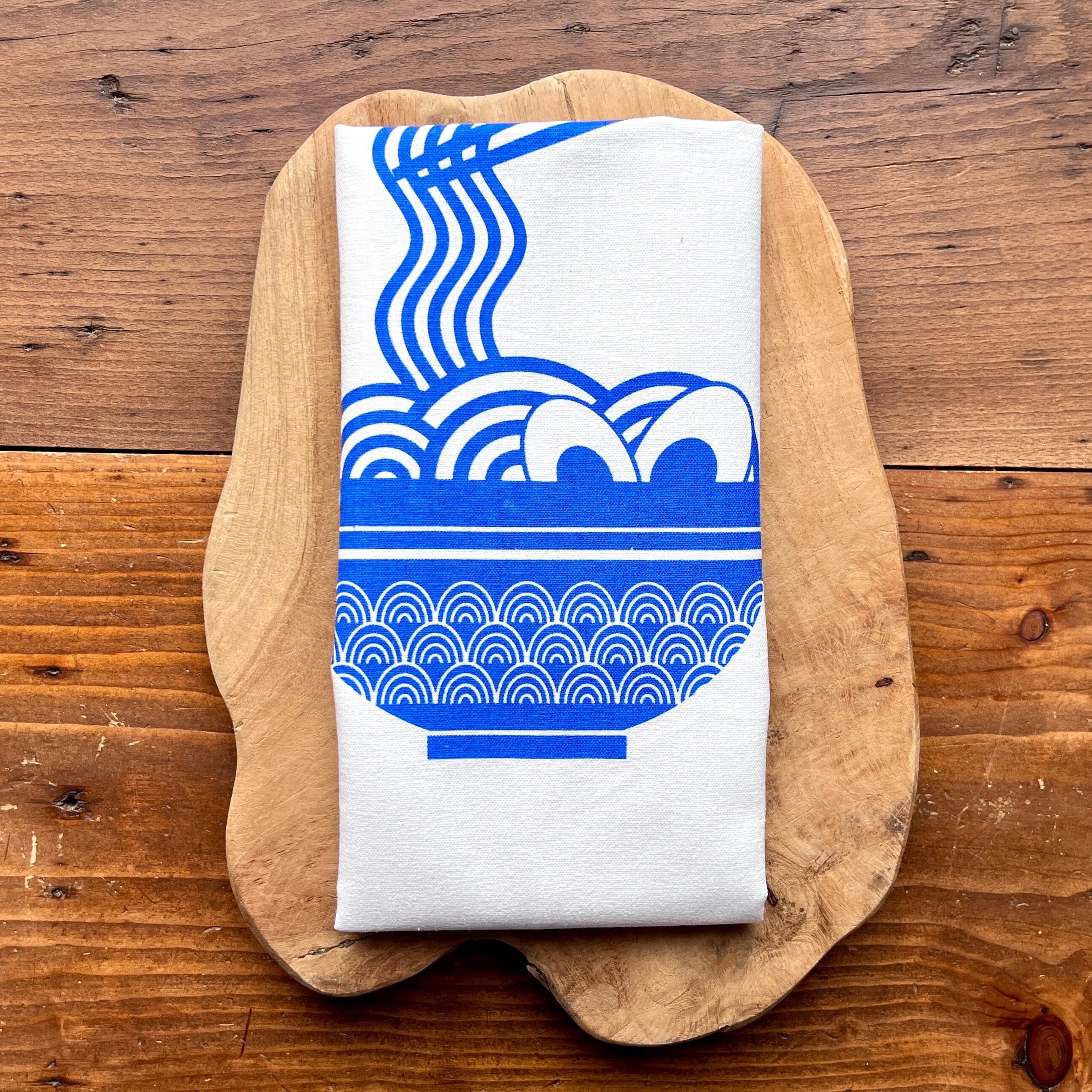 Geschirrtuch bedruckt Motiv „Ramen“, Küchentuch Siebdruck weiß blau, Geschenk Küche asiatisch , Halbleinen, Leinen