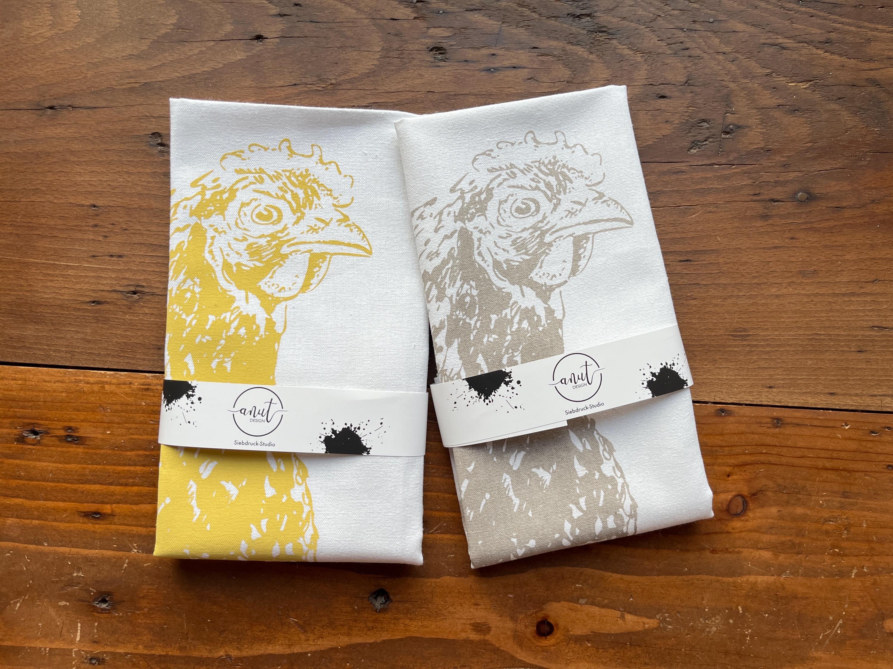 Handbedrucktes Geschirrtuch-Set mit Hühnermotiv, Siebdruck, Geschenk für Hühnerliebhaber, praktisches Küchentuch-Set für Alltag & Dekoration