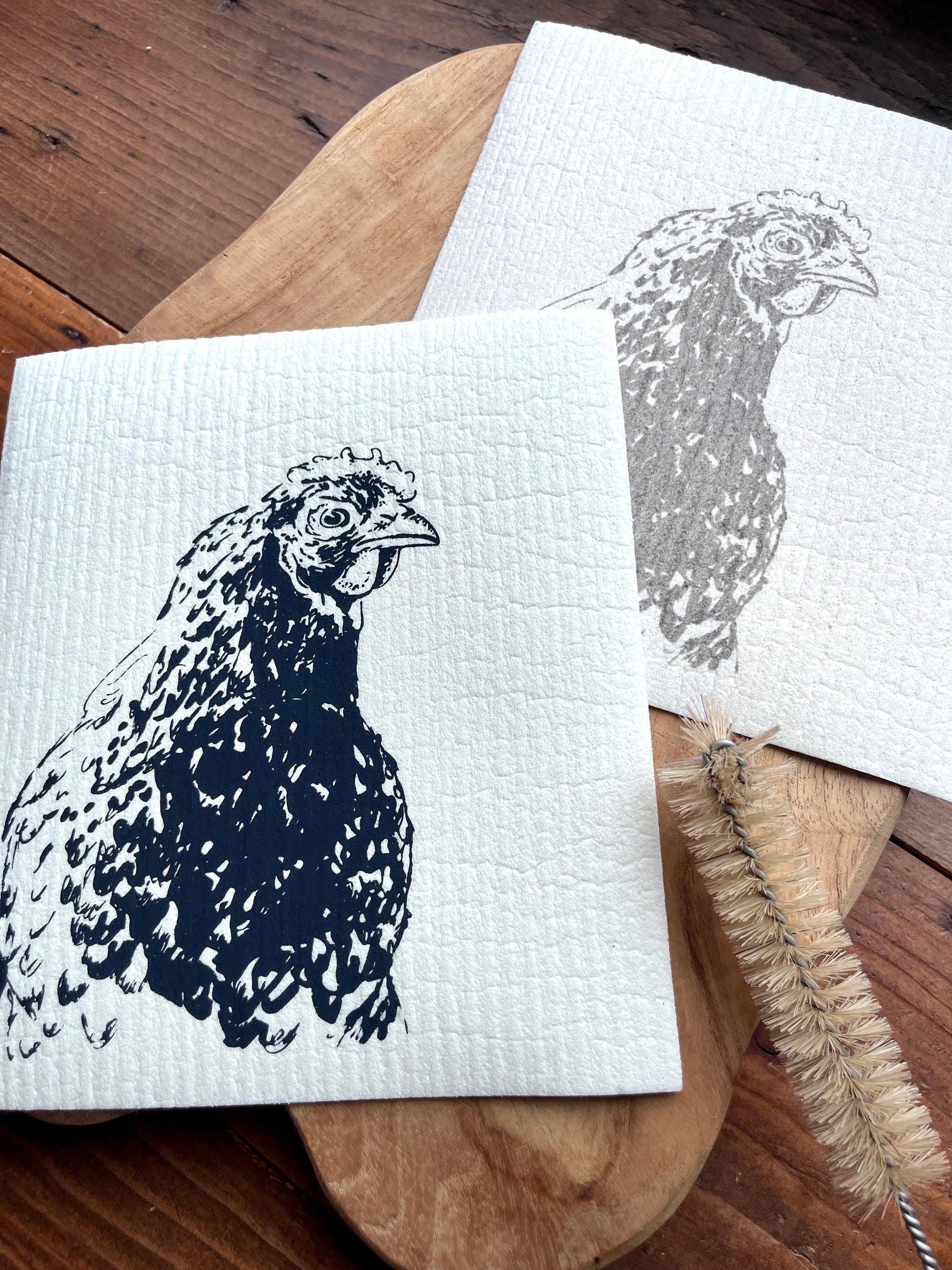 2er Set Schwammtücher "Huhn / Henne", blau / grau / weiß, waschbar, Siebdruck, Landhaus, Spültuch vegan, Spülschwamm nachhaltig, Osterdeko