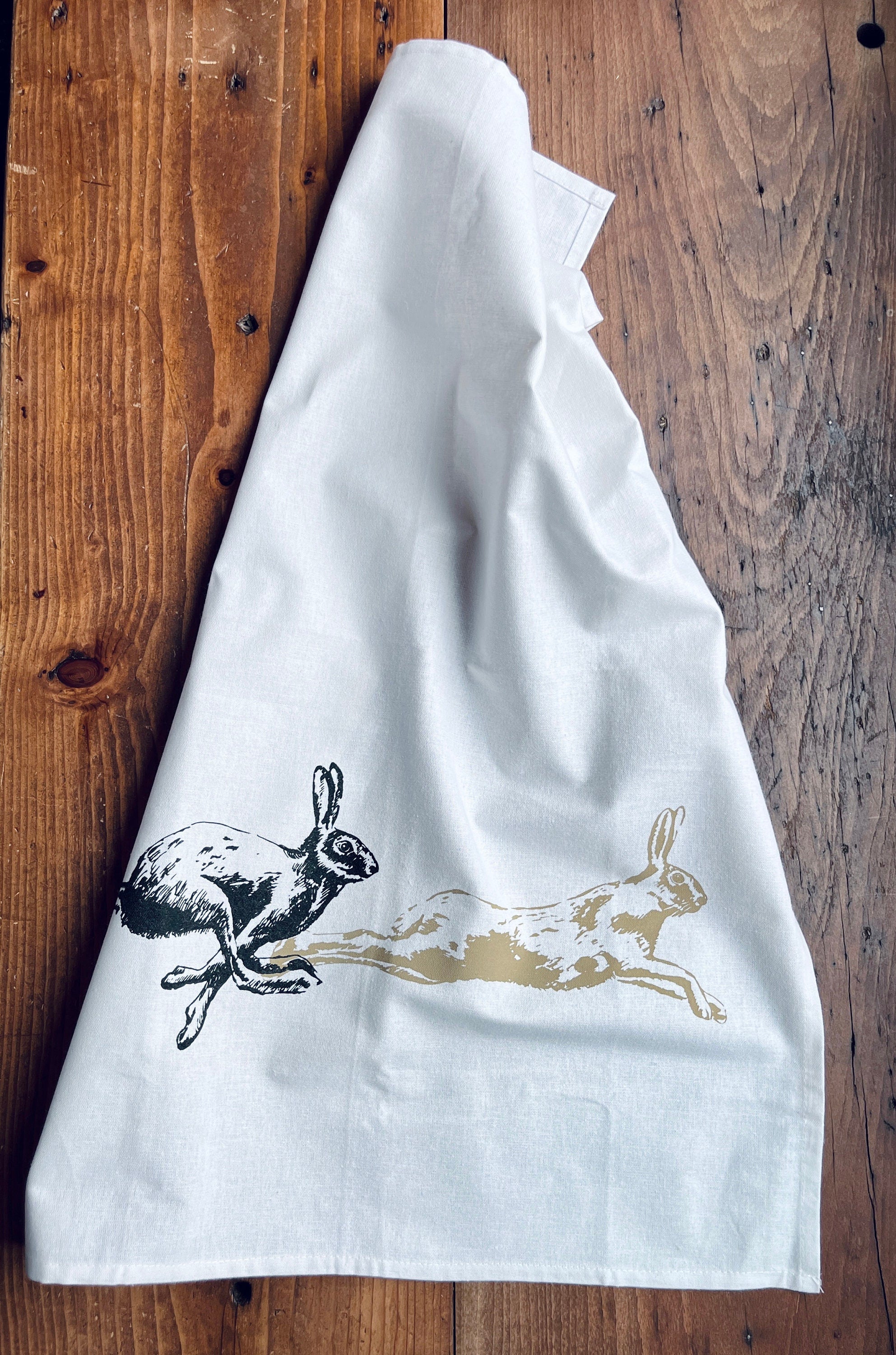 Geschirrtuch Halbleinen mit Hasen, handbedruckt, Tischläufer / Tischdecke Osterdeko, Geschenk Ostern, Küchentuch Siebdruck