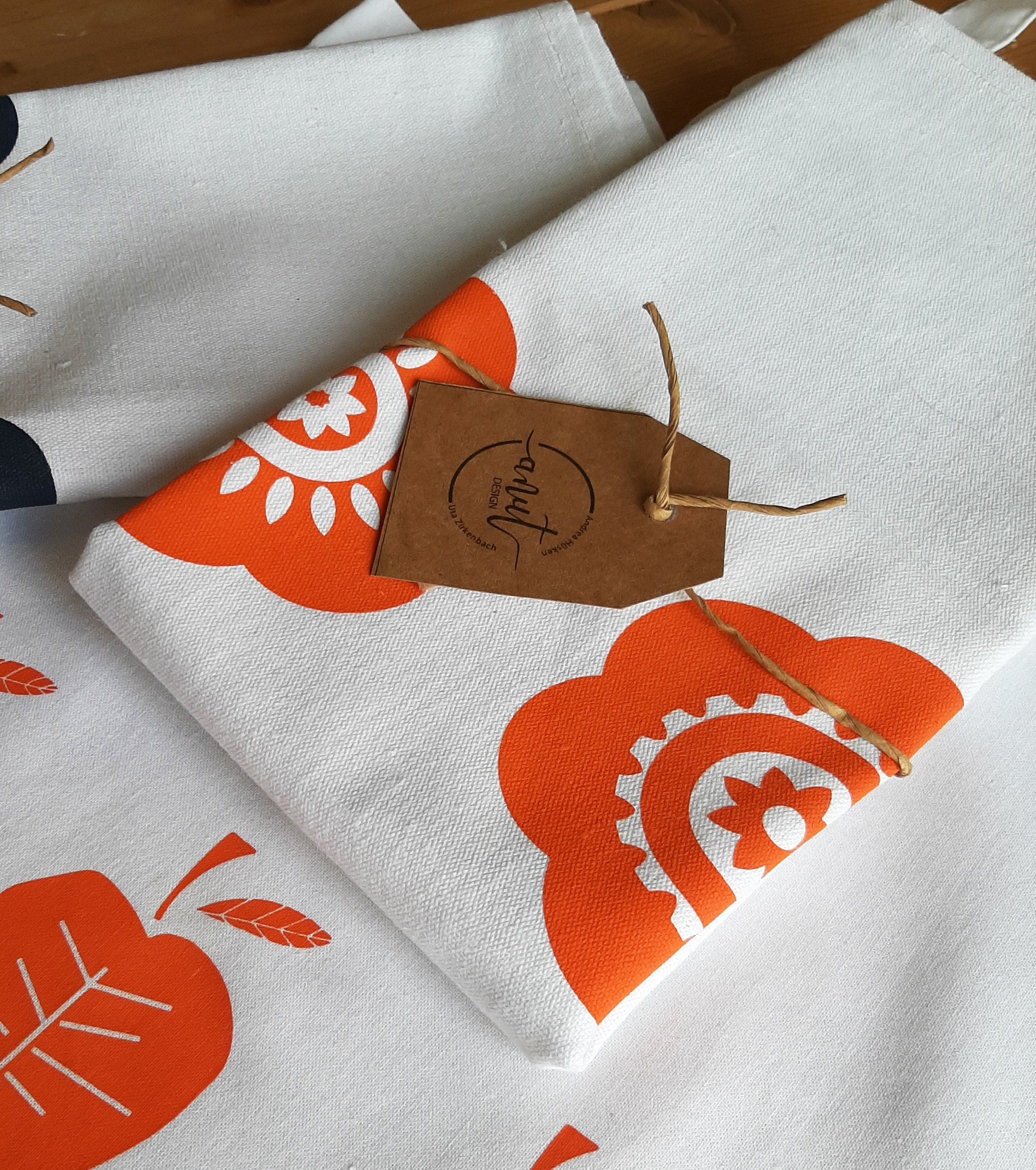 Bedrucktes Geschirrtuch mit Pril-Blumen, orange / weiß, Halbleinen, Siebdruck, Vintage, Tischläufer, Küchentuch Retro, Vintage, 70iger Jahre