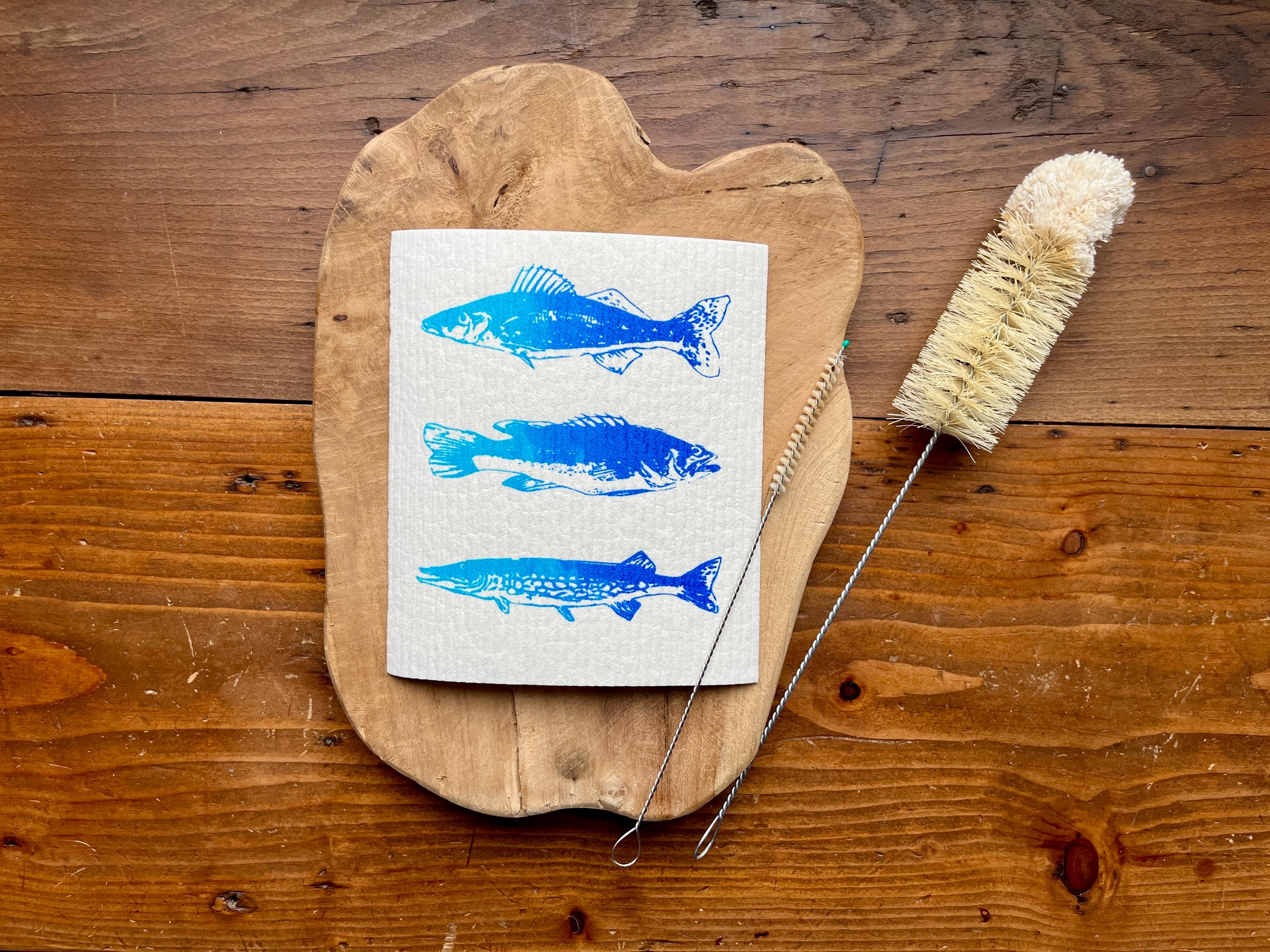 2er Set nachhaltige Schwammtücher mit Fischmotiv – handbedruckt & plastikfrei! Siebdruck Spülschwamm waschbar, maritime Geschenkidee