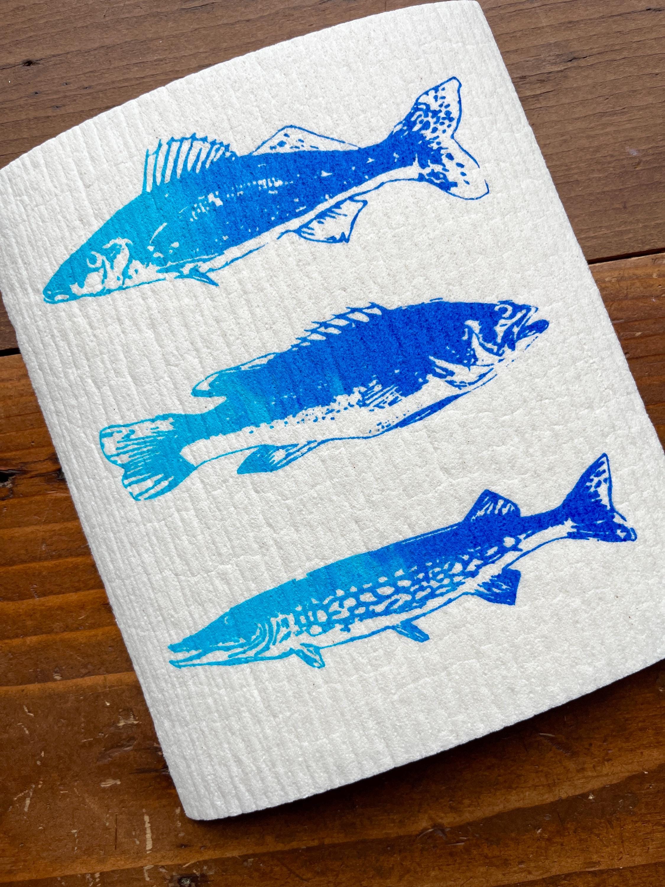 2er Set nachhaltige Schwammtücher mit Fischmotiv – handbedruckt & plastikfrei! Siebdruck Spülschwamm waschbar, maritime Geschenkidee
