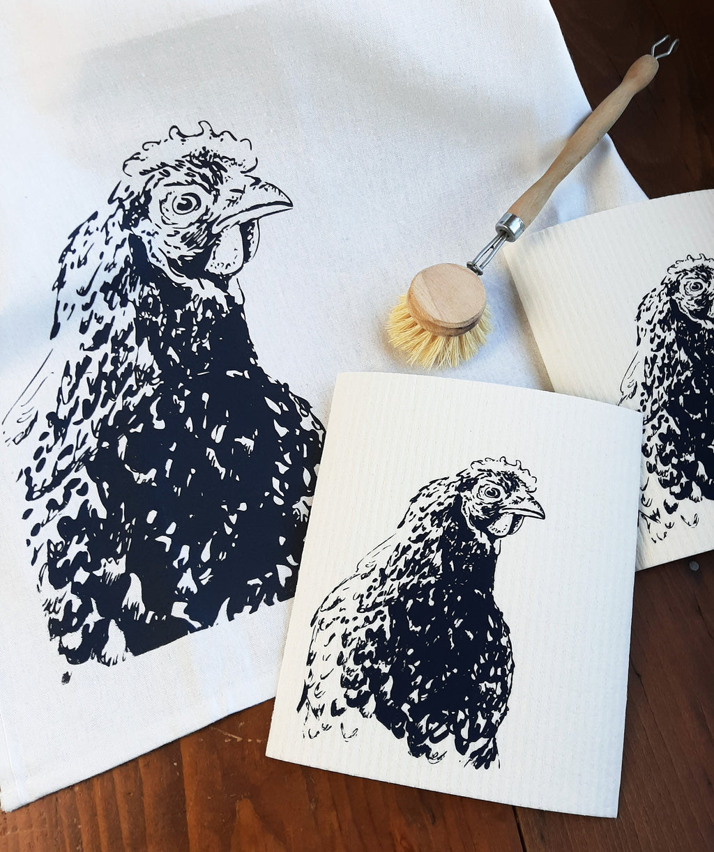 Nachhaltige waschbare Schwammtücher im 2er Set, handbedruckt mit Huhn, Siebdruck, Geschenk Hühnerhalter, perfekt für Ostern & Frühling